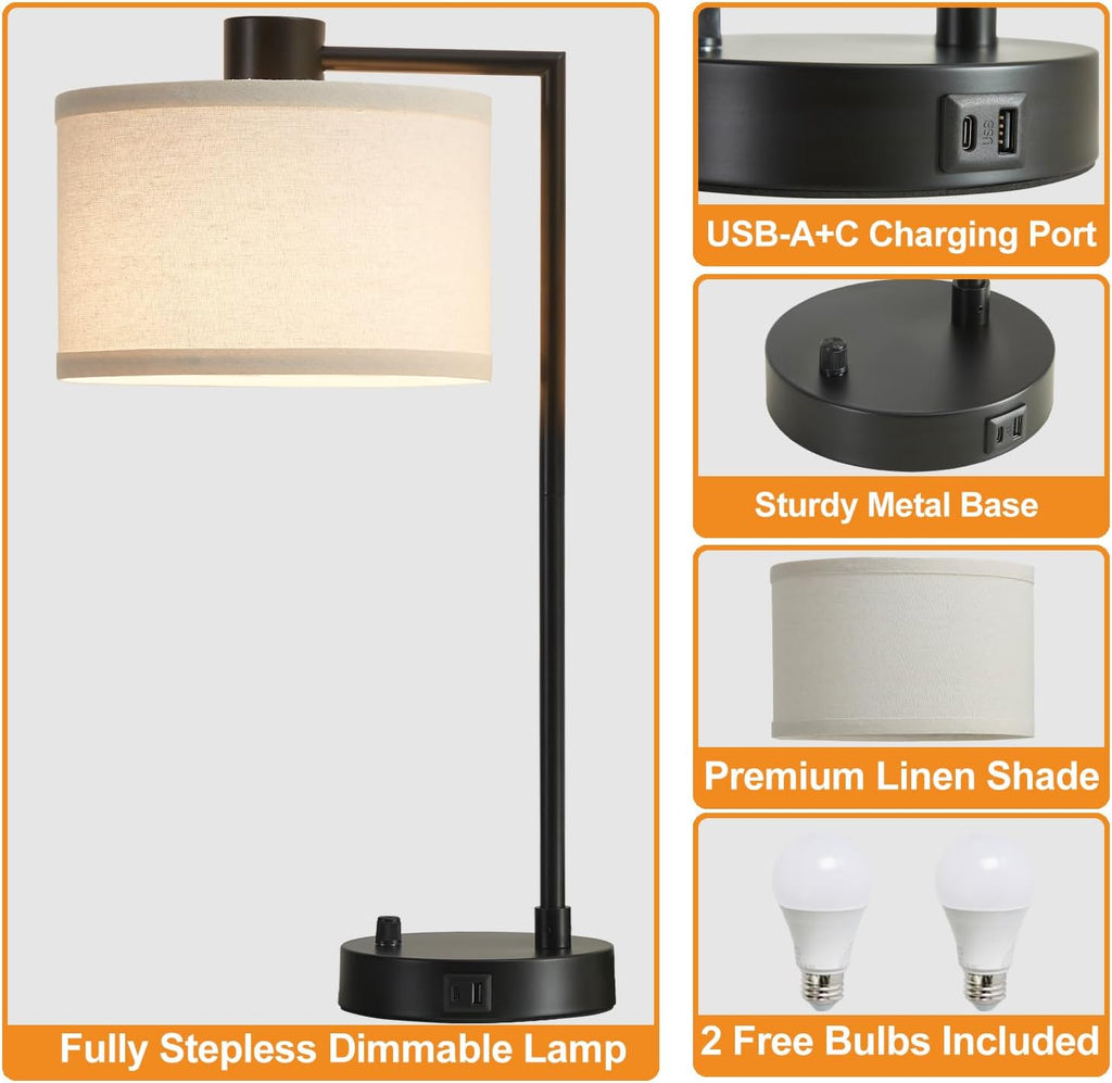 Luvkczc Table Lamp for Bedroom Set of 2 with USB C+A Ports, Fully Stepless Dimmable Bedside Lamp with Linen Lampshade, Contemporary Lamp…