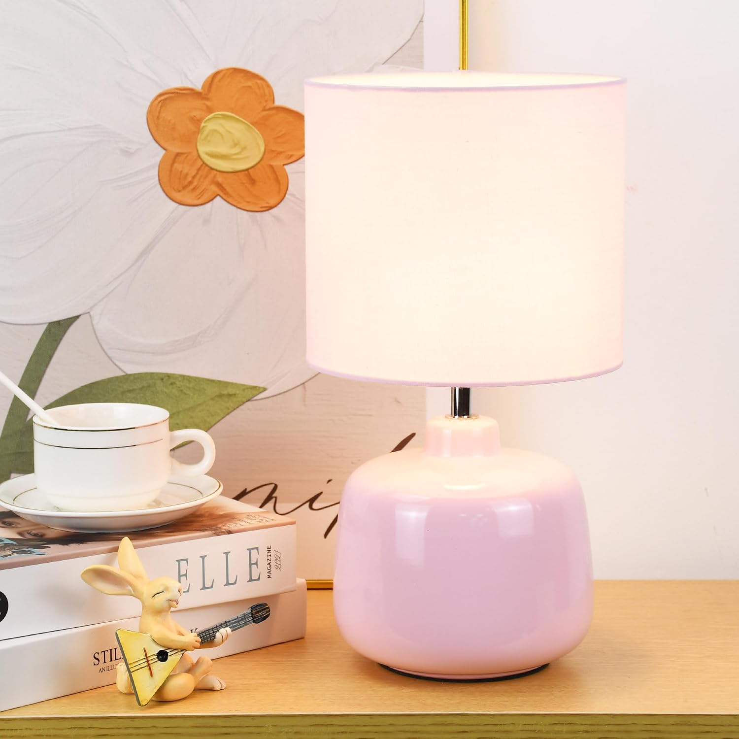 Oslo Small Ceramic Table Lamp for Living Room and Bedroom, Modern Kids Night Table Lamp, Φ7.09×H13.39IN, Bulb Excluded, Light Pink