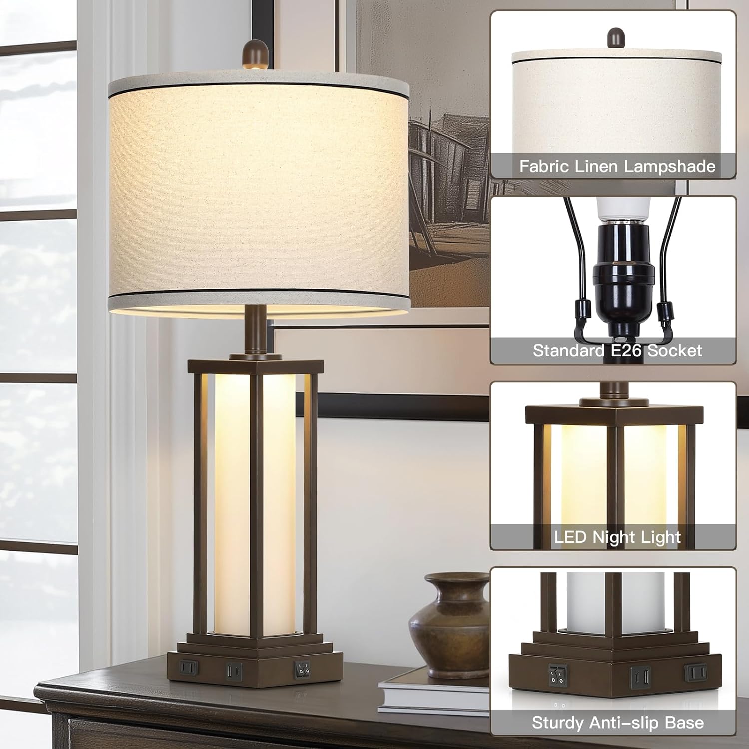 Cinkeda 27" Tall Vintage Table Lamps with USB C+A & Outlet, Brown End Table Lamp Set of 2 for Living Room, Rustic Bedside Lamps with…