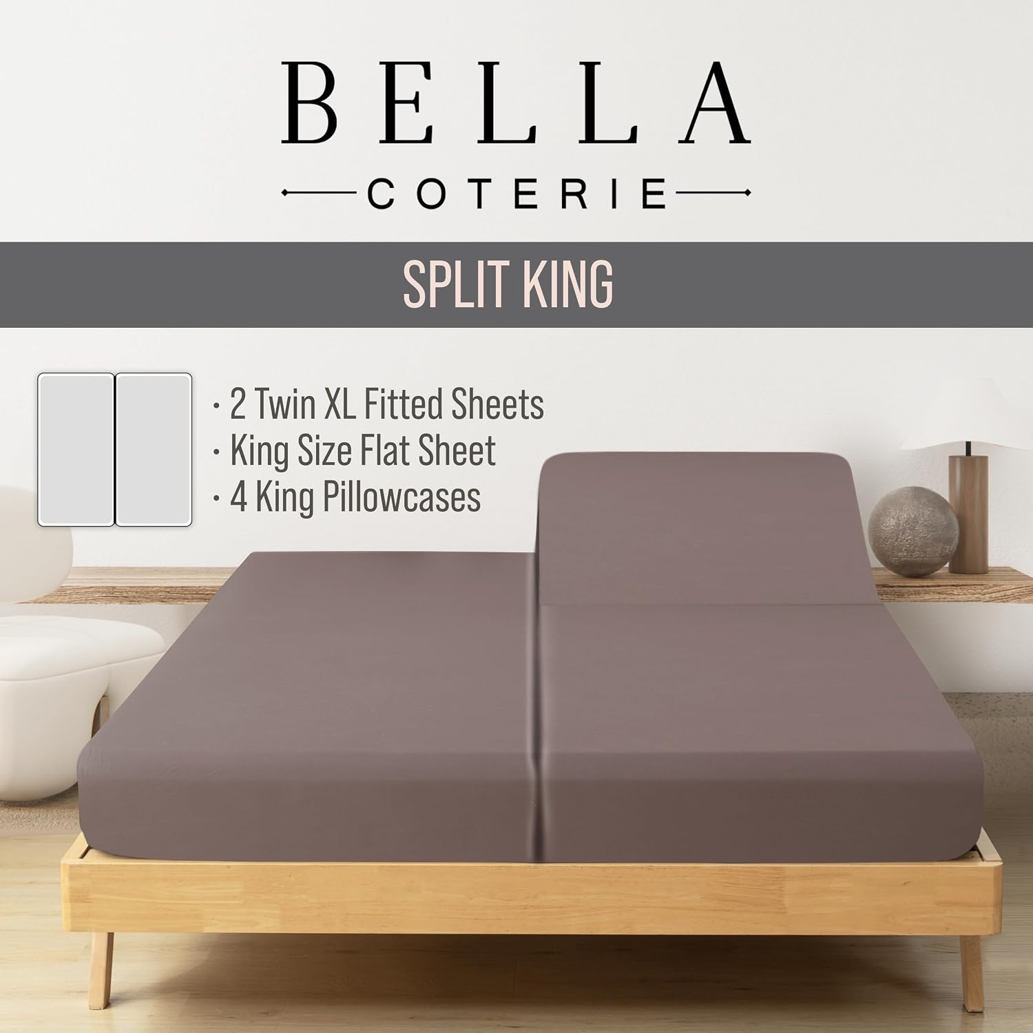 Bella Coterie 7 Piece Luxury Bamboo Viscose Split King Size Sheet Set | 2 Fitted Sheets for Adjustable Beds | 100% Organically Grown |…