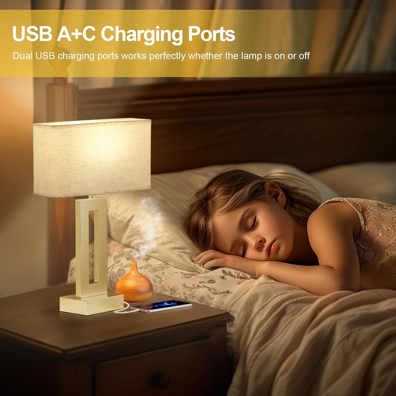 Seealle Bedroom Table Lamps Set of 2 - Beige Gold Touch Bedside Lamps with USB C+A, 3 Way Dimmable Gold Lamp for Nightstand, Modern Night…