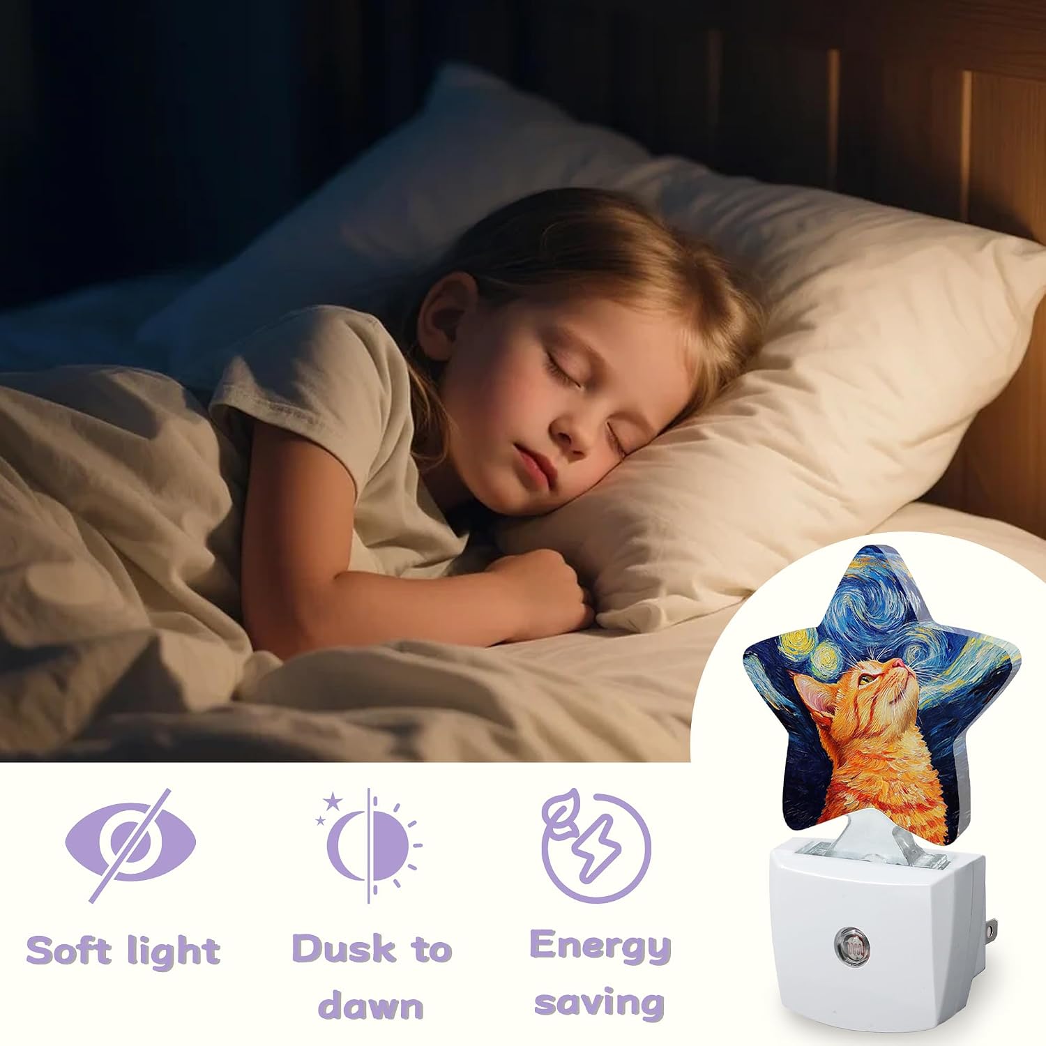 Cat Starry Night Night Lights Plug Into Wall Decorative, Oil Painting Nightlight with Dusk Sensor for Bathroom, Kitchen, Entryway, Room…