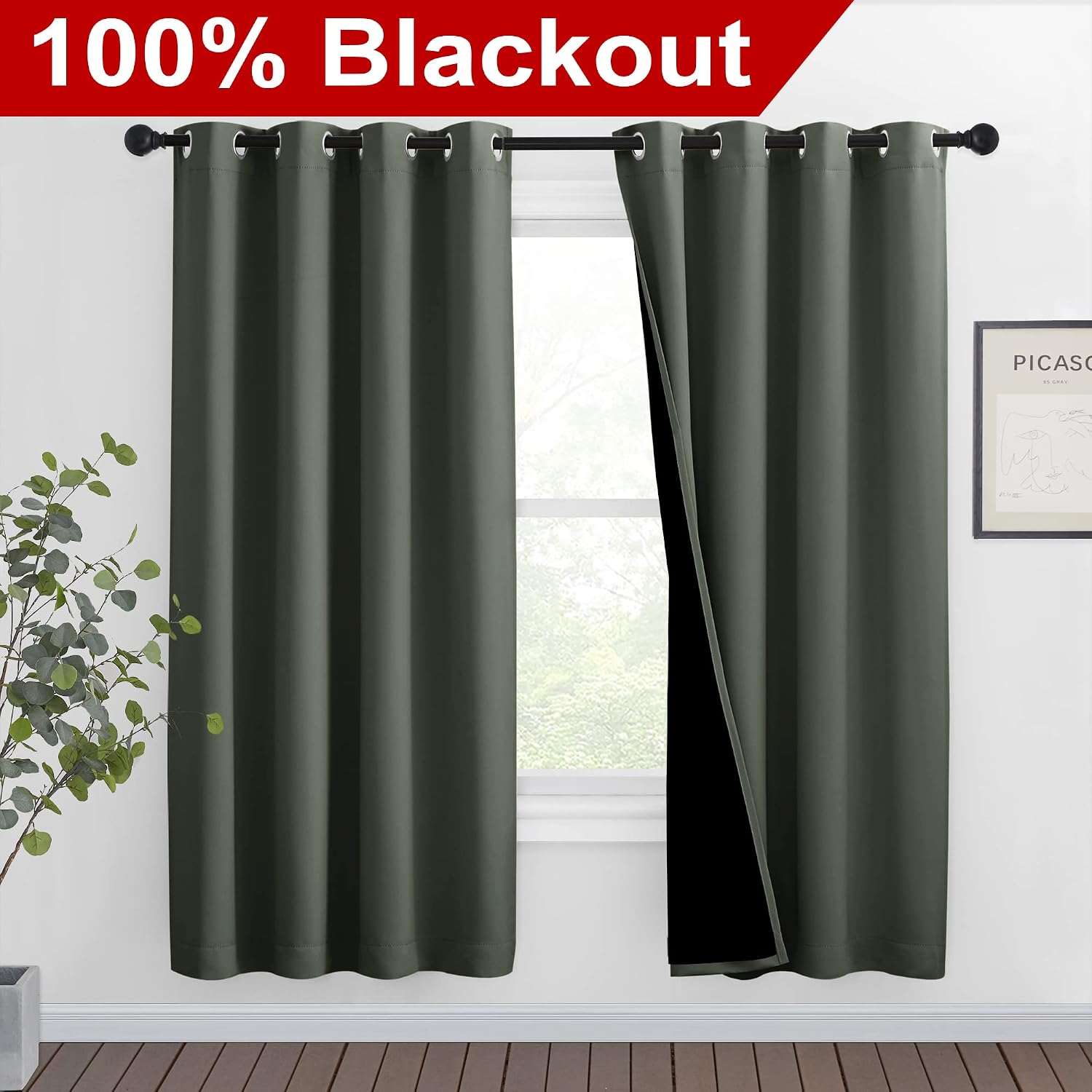 Nicetown 100% Blackout Window Curtain Panels, Full Light Blocking Drapes with Black Liner for Nursery, 72-inch Drop Thermal Insulated Drape…