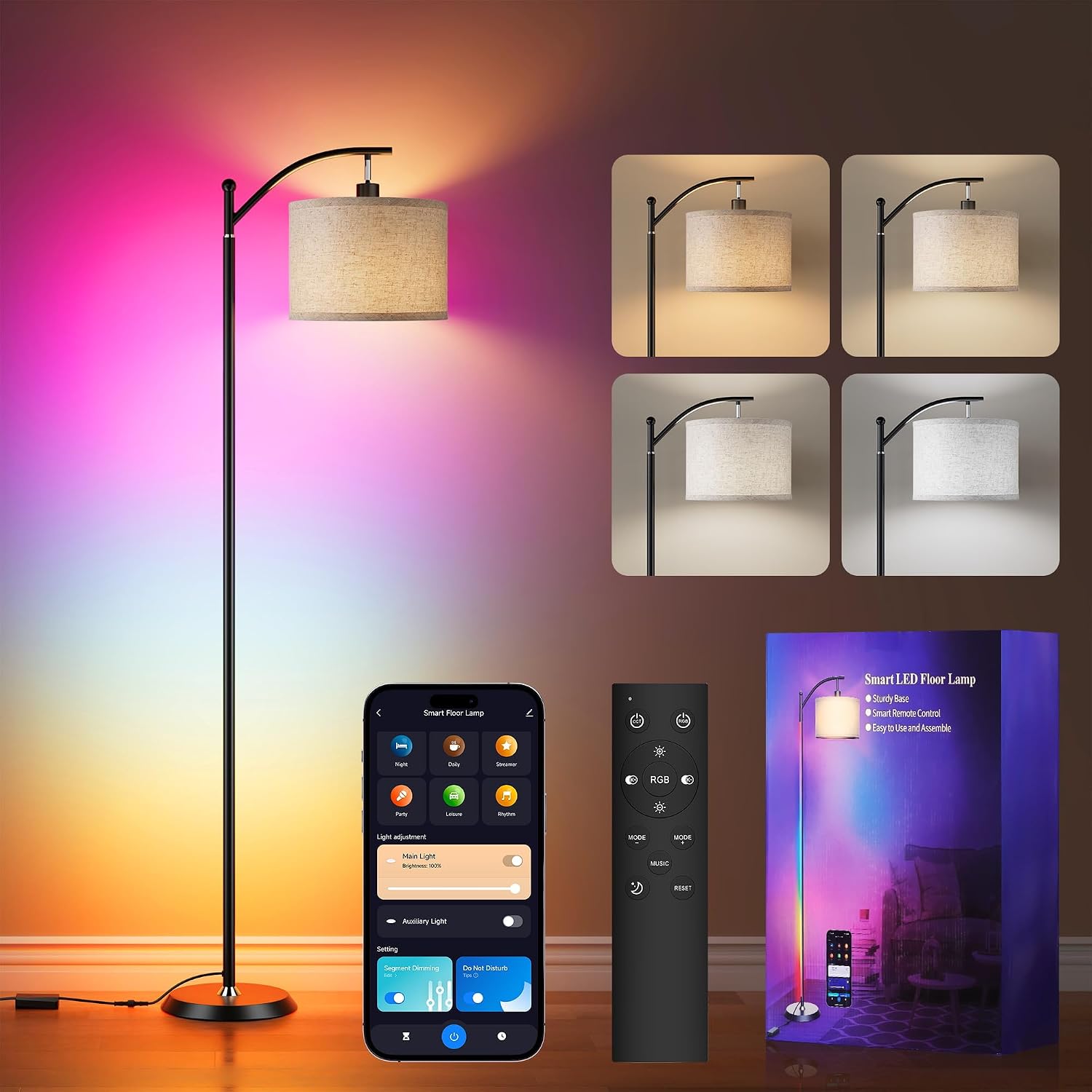 Smart LED RGBCW Corner Lamp with Linen Lampshade Compatible with Alexa, Color Changing Standing Lamp with 16 Million DIY Colors, Music…