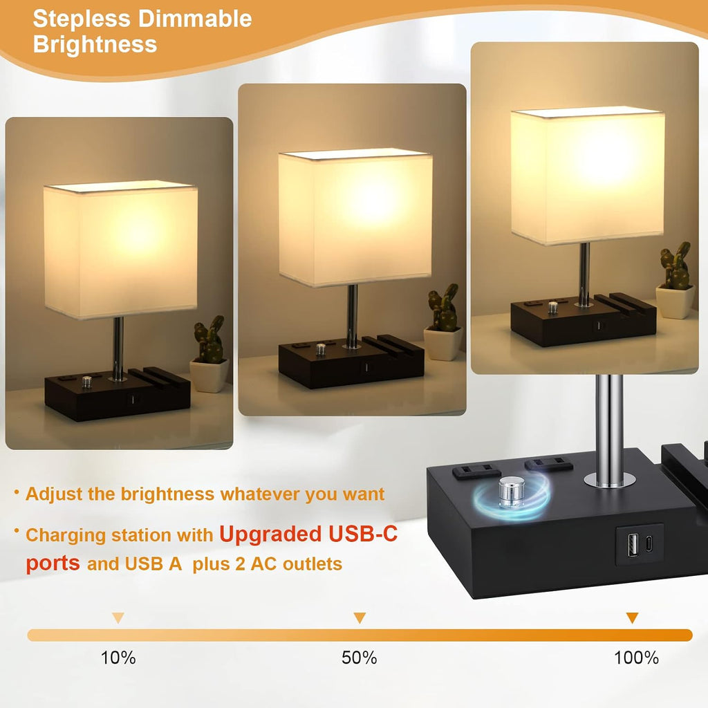 Kakanuo Table Lamp for Bedroom with Dual USB Ports, White Fully Dimmable Bedside Lamp with Phone Stands and 2 Charging Outlets, Desk Lamp…