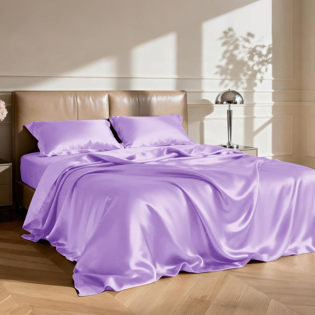Lovescabin Love's cabin 4Piece California King Satin Bed Linen Set, Lavender Silky Satin Sheets, Deep Pocket, Luxury Silk Feel, 1 Flat, 1 F…