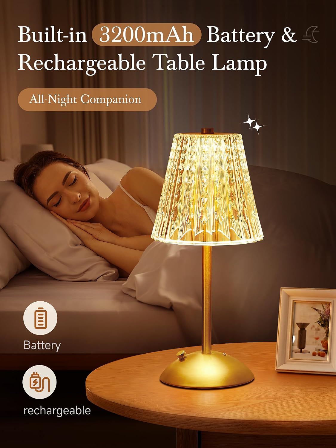 3200mAh】Brass Table Lamp, 3 Colors+Dimmable+Touch Crystal Lamp LED Gold Lamp, Mood Lighting Mood Light, Brass Decor for…
