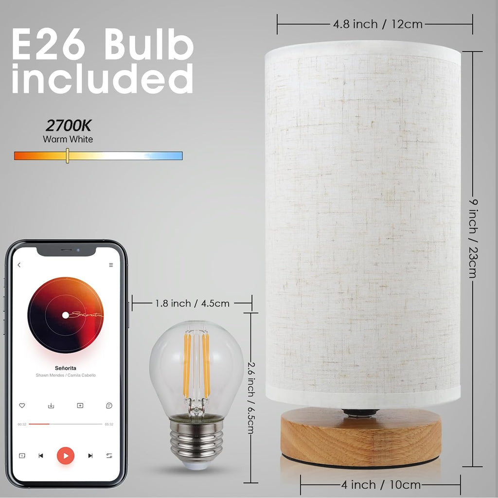 Small Bedside Night Table Lamp for Bedroom, Minimalist Nightstand Lamp with Round Fabric Linen Shade, Study Reading Desk Lamp for Kids…