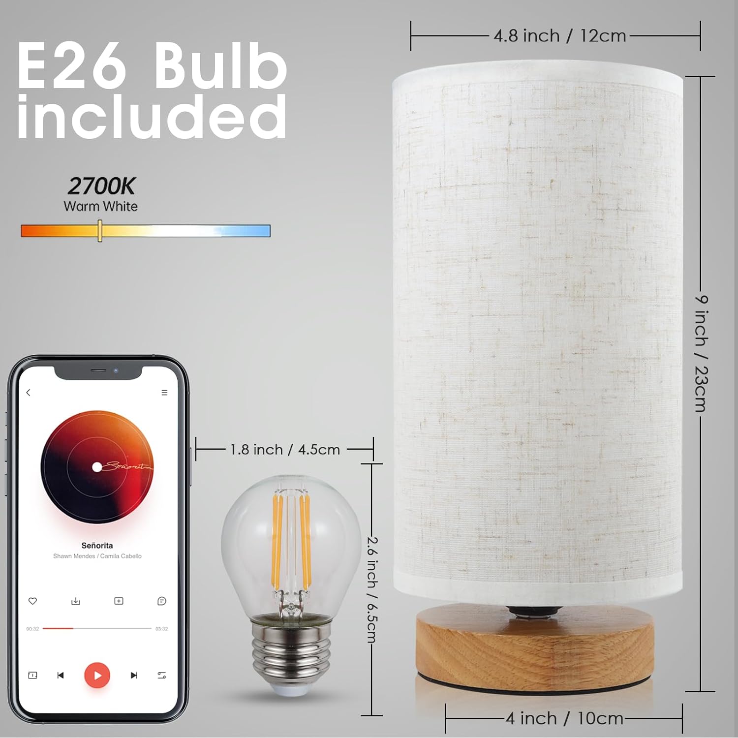 Small Bedside Night Table Lamp for Bedroom, Minimalist Nightstand Lamp with Round Fabric Linen Shade, Study Reading Desk Lamp for Kids…