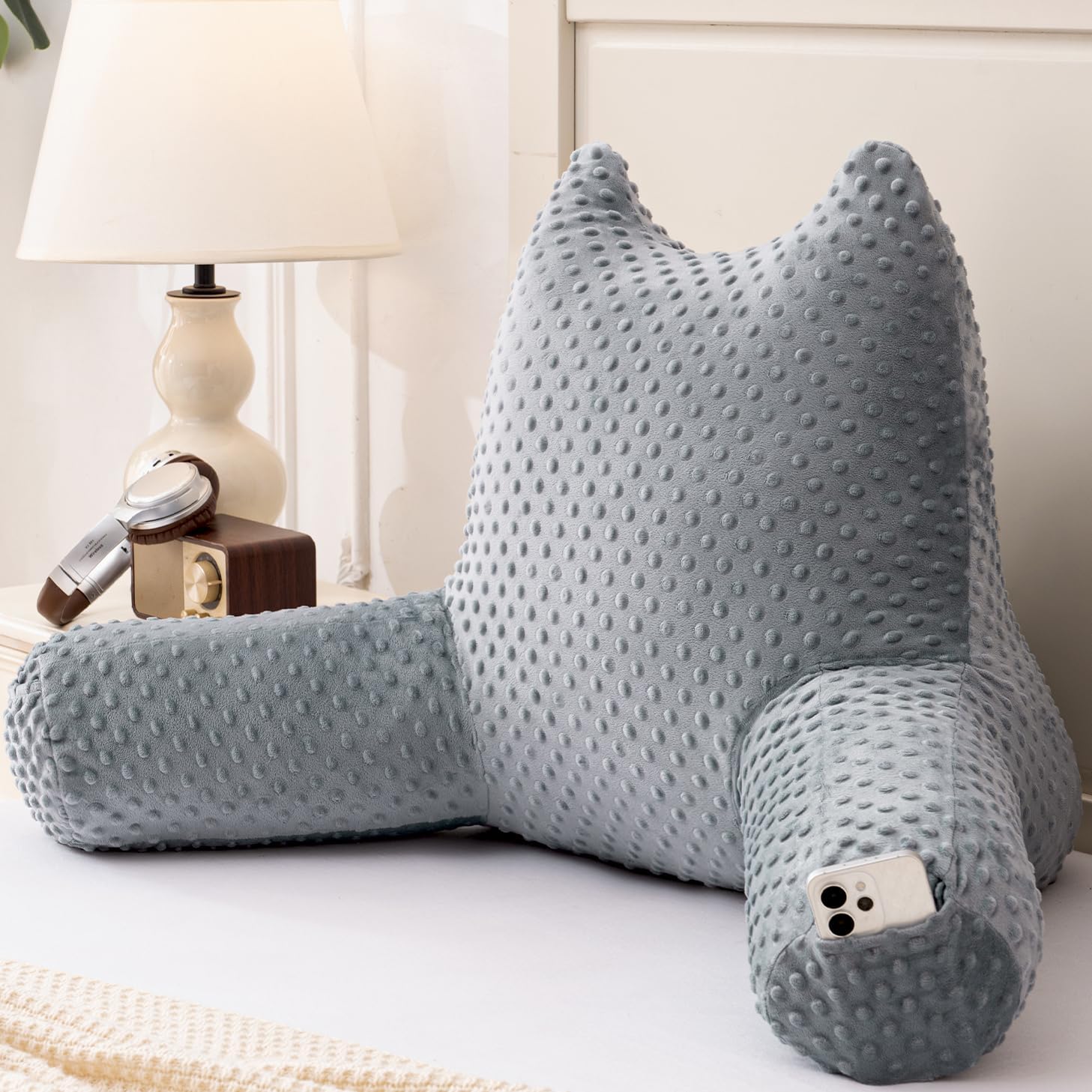 Reading Pillow for Kids Sitting in Bed Couch Adult, Back Pillow for Bed Sitting Up, Back-Rest Support Cushion with Pockets and Arms…