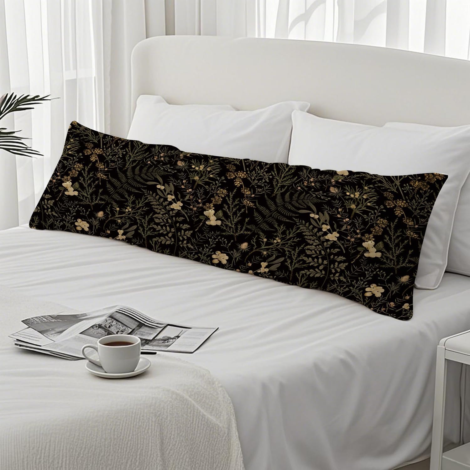 Moody Floral Botanical 20x54 Body Pillow Cover, Dark Aesthetic Room Decor, Rustic Dark Cottagecore Gold Plants Flower Botanical…