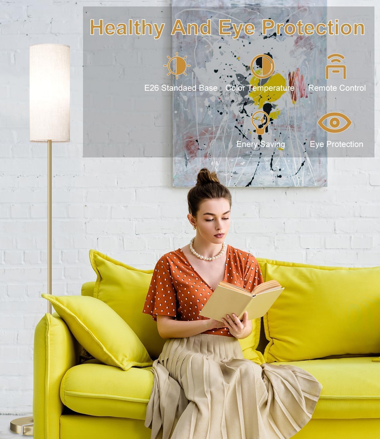 luckystyle LED Floor Lamp for Living Room, Dimmable Standing Lamps with Foot Switch, Remote Custom Color Temperature Gold Pole Lamp with…