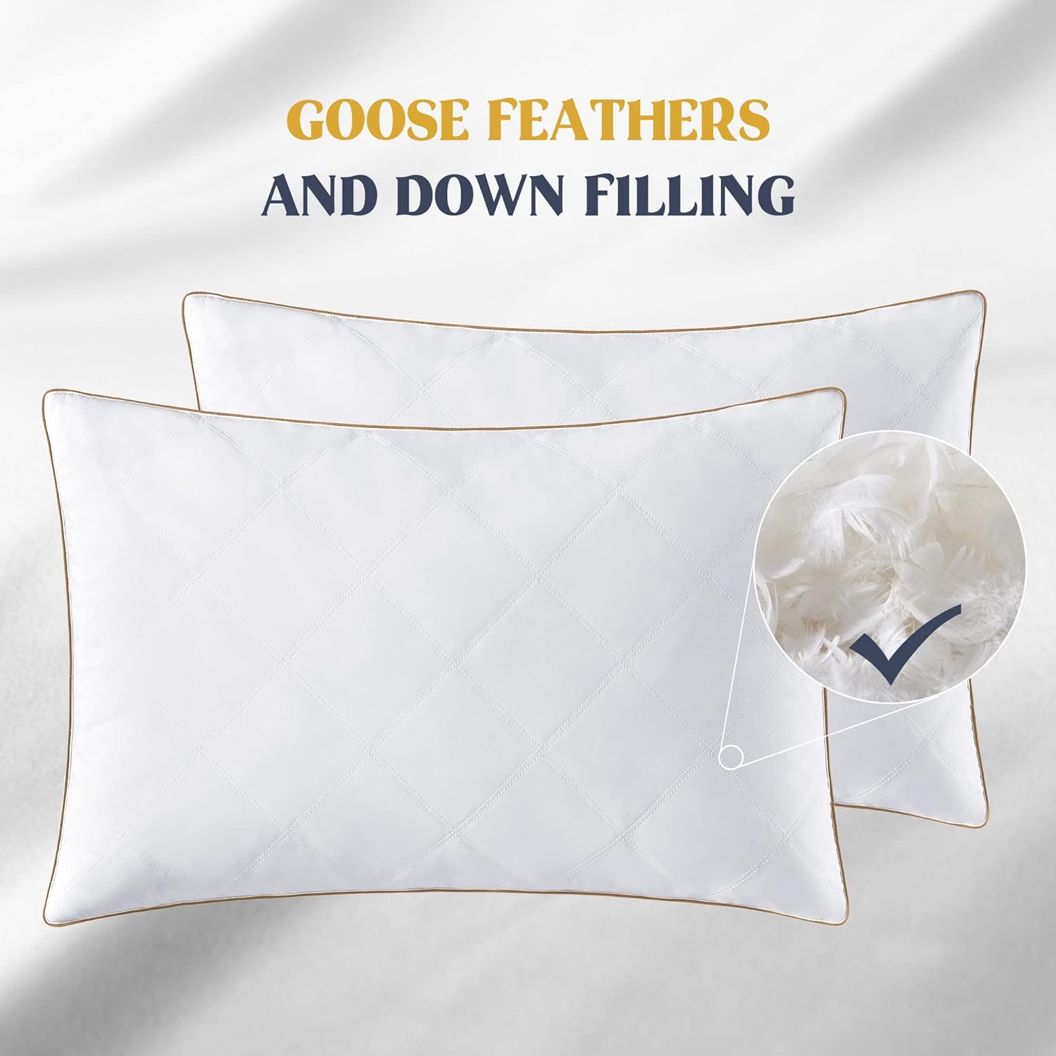 puredown® Goose Feathers and Down Pillow with Diamond Quilting with 100% Cotton Cover, Pack of 2, Queen Size
