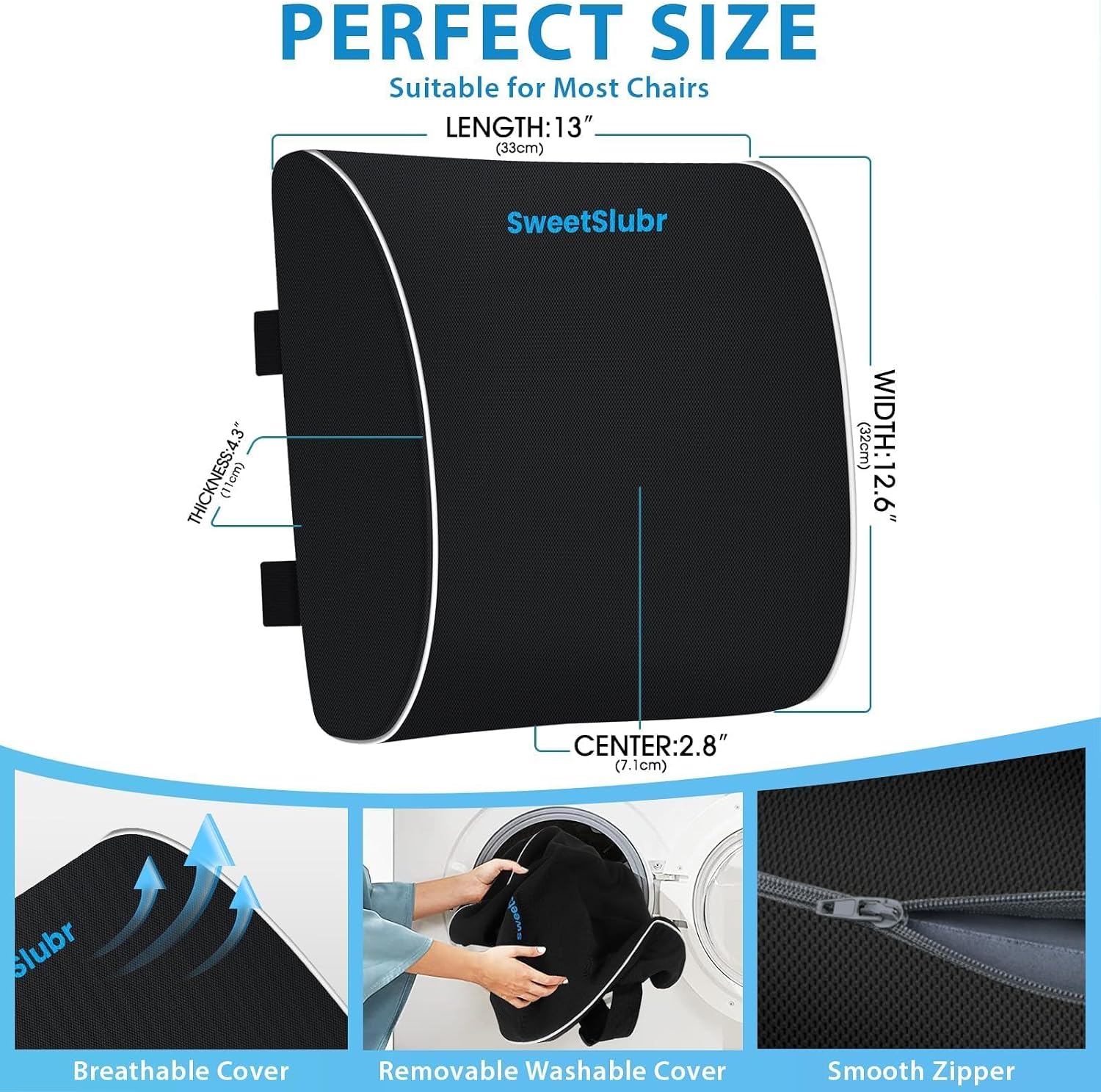 SweetSlubr Large Lumbar Support Pillow for Office Chair, Car Seats and Home Desks, Ergonomic Back Support with Double Adjustable Straps…