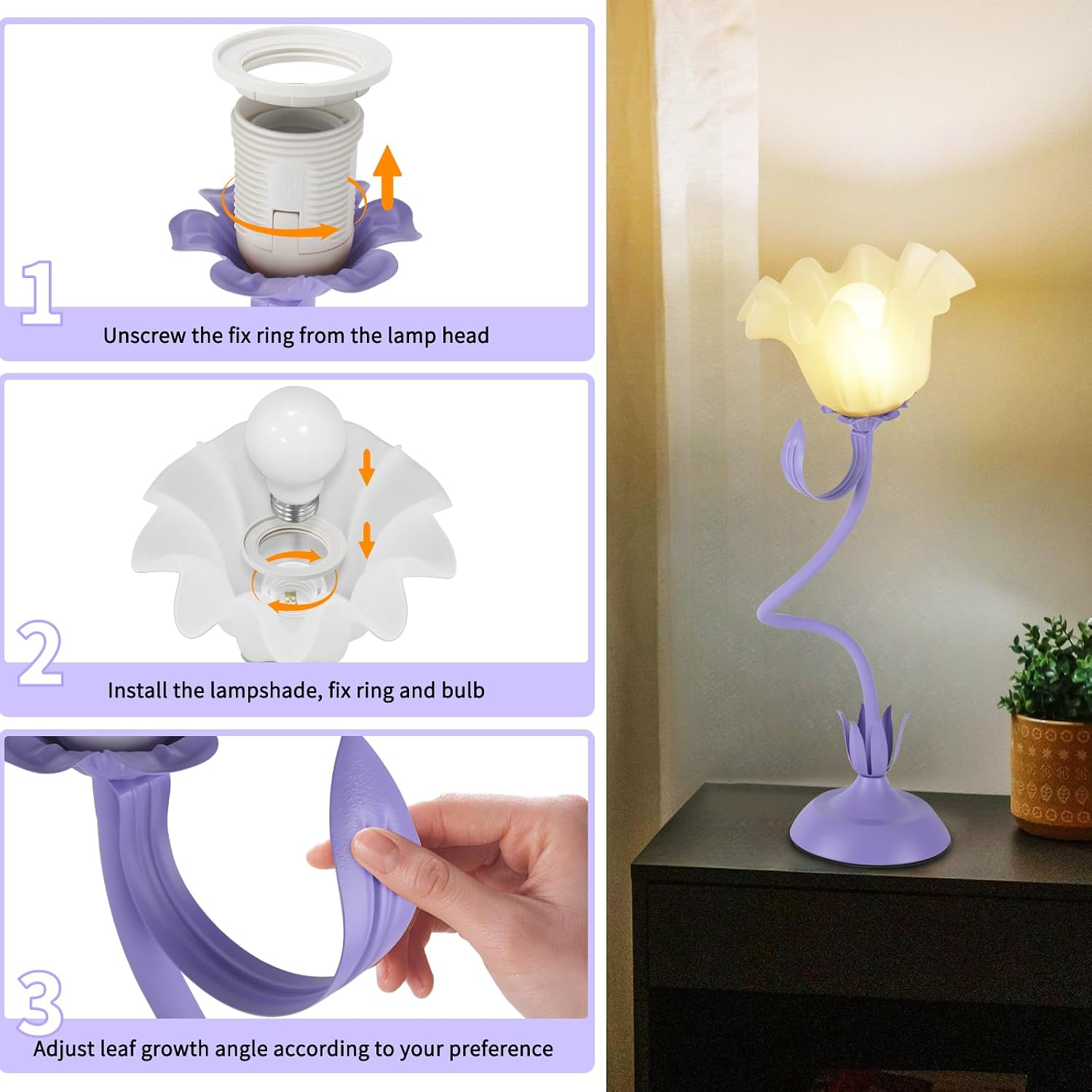 Cute Flower Desk Lamp, 3 Color Temperature Table Lamp with LED Bulb, Vintage Bedside Lamps, Reading Lamps with Soft Light for Bedroom…