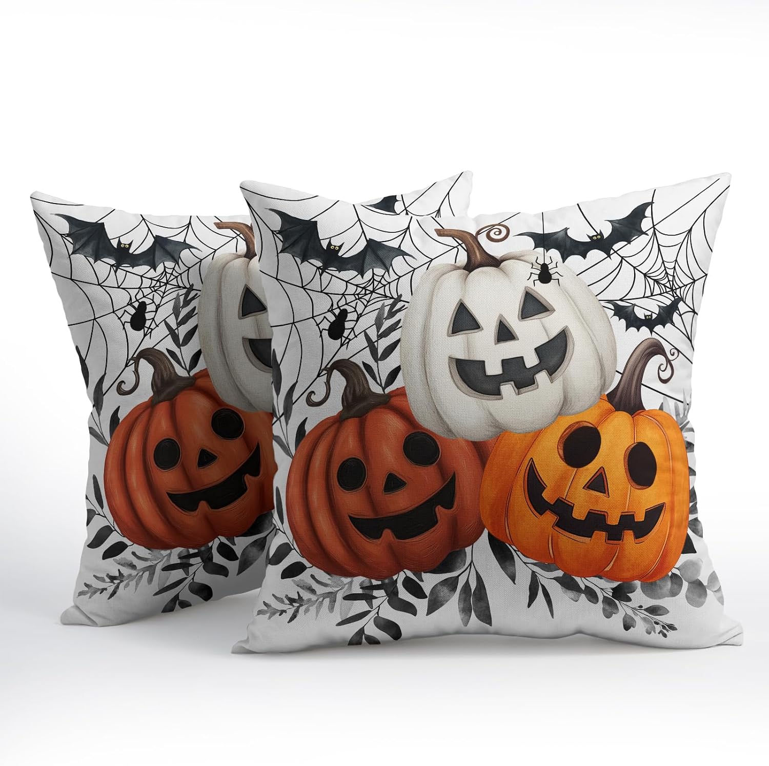 Halloween Pumpkin Throw Pillow Covers 24x24 Inch Pumpkins Jack-O-Lanterns with Black Bat Web Decorative Holiday Pillow Case Cotton Linen…