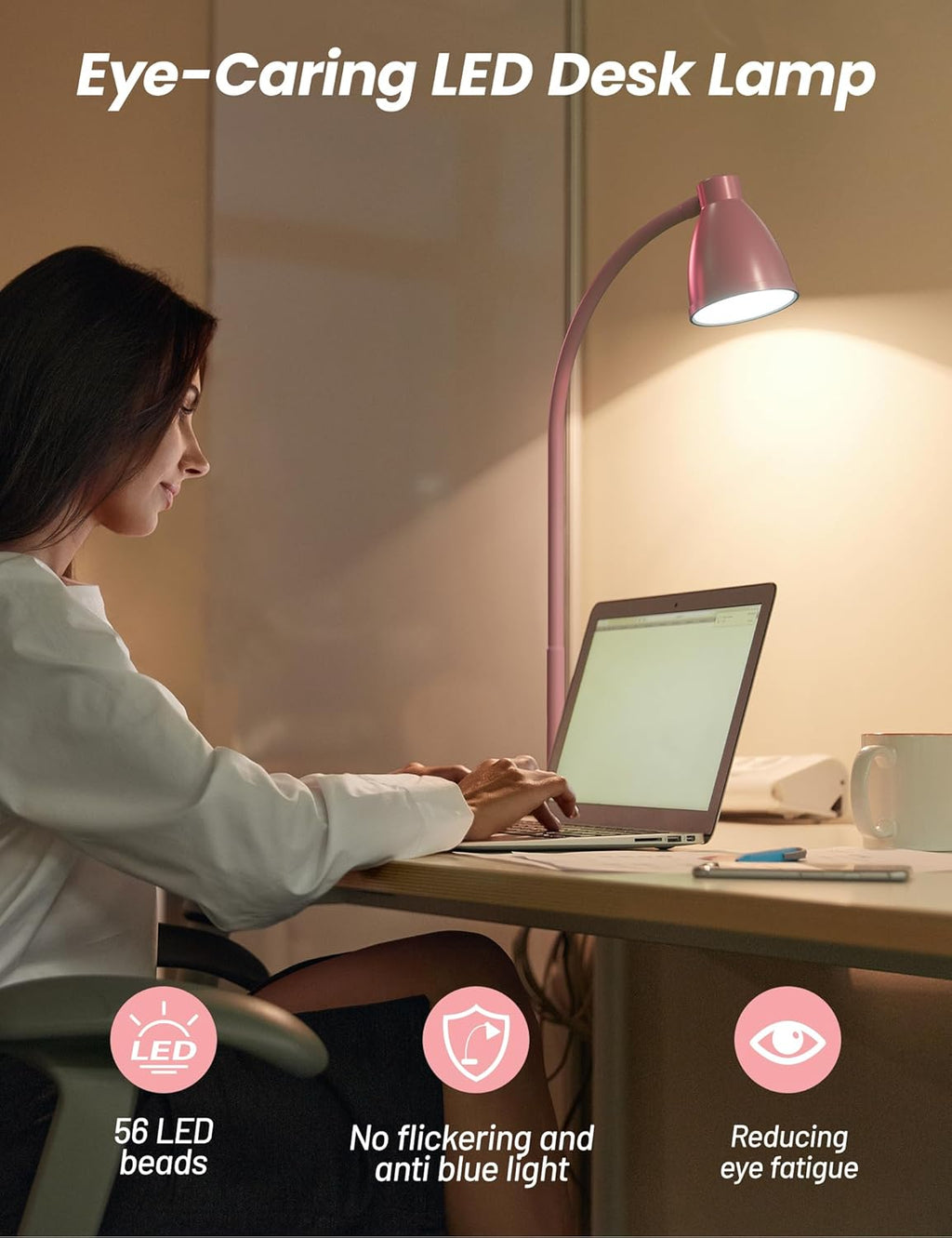 BOHON Cute Desk Lamp with USB Charging Port, Pink Lamp 3 Color Modes Dimmable LED Reading Lamp, Flexible Neck Auto Dimming Table Task…
