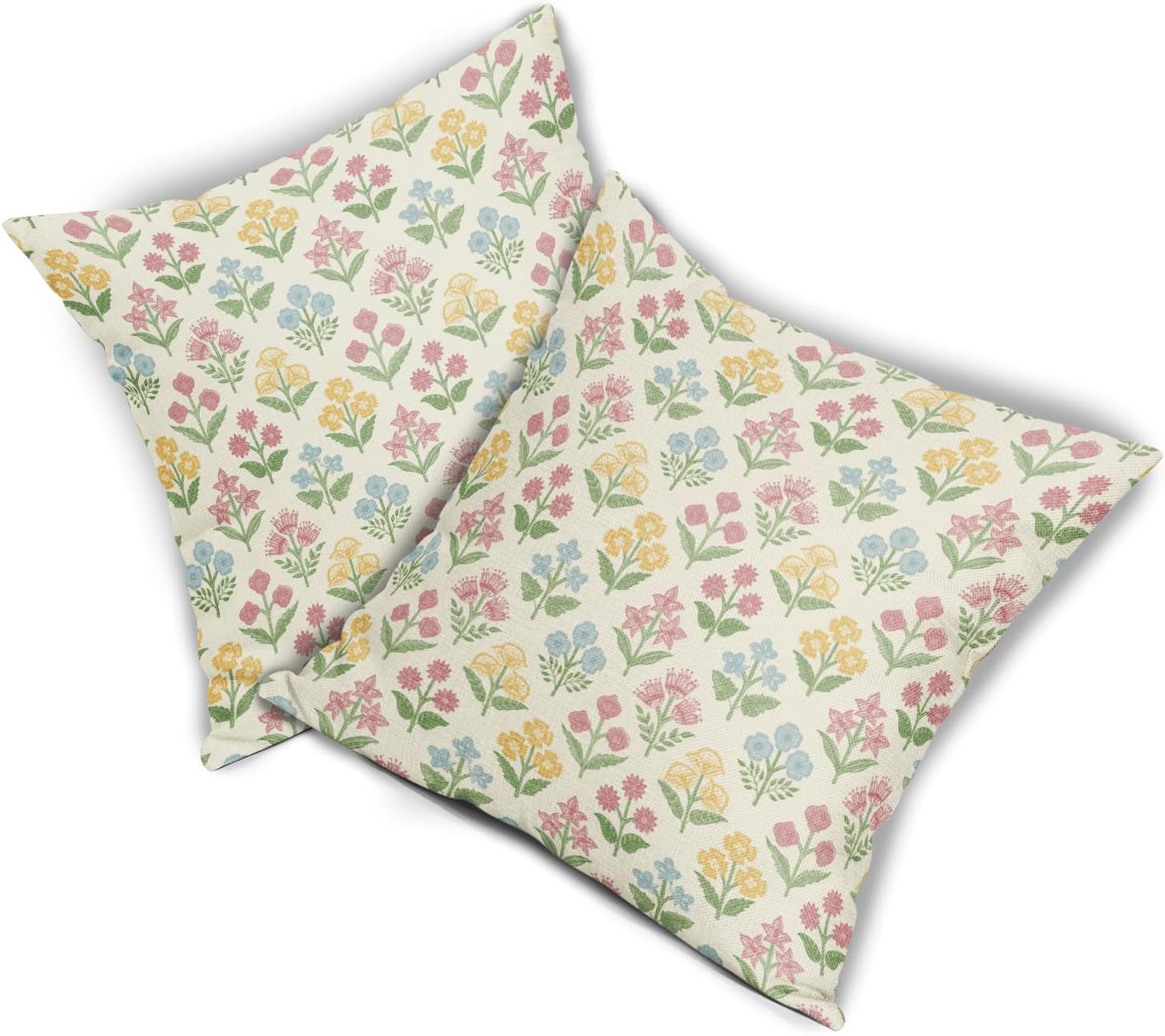 Spring Floral Block Print Pillow Covers 24x24 Inch Set of 2, Easter Decoration Pink Yellow Blue Flower Decorative Throw Pillowcases…