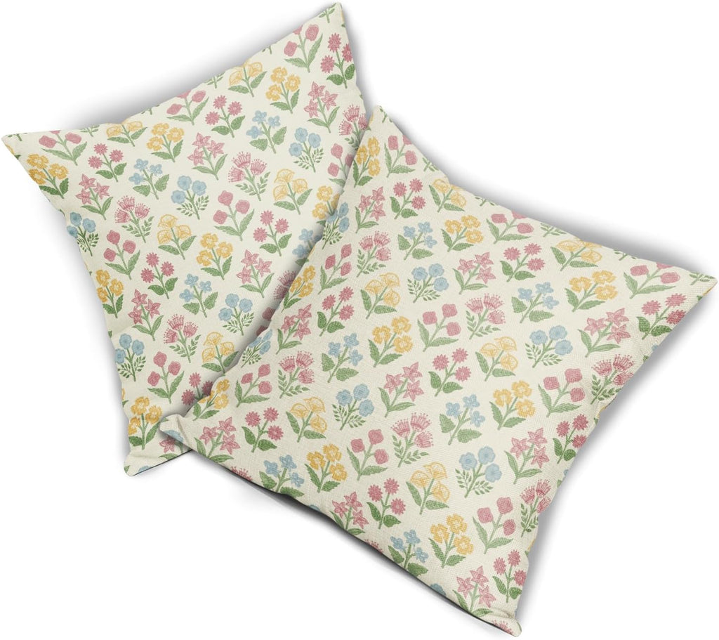 Spring Floral Block Print Pillow Covers 22x22 Inch Set of 2, Easter Decoration Pink Yellow Blue Flower Decorative Throw Pillowcases…