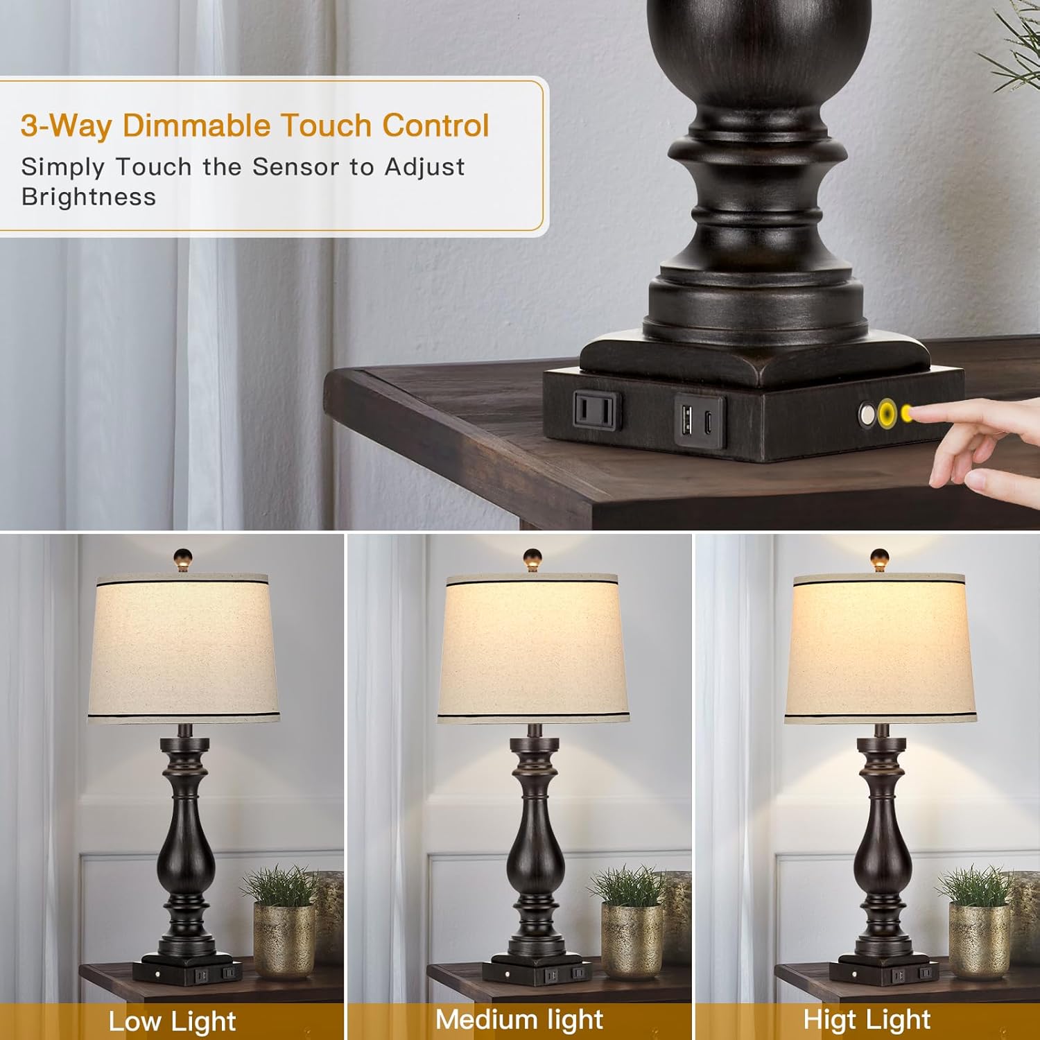 Cinkeda 29" Tall Table Lamp for Living Room Set of 2, Farmhouse Vintage Bedside Nightstand Lamps with USB C+A Ports & AC Outlet,3-Way…