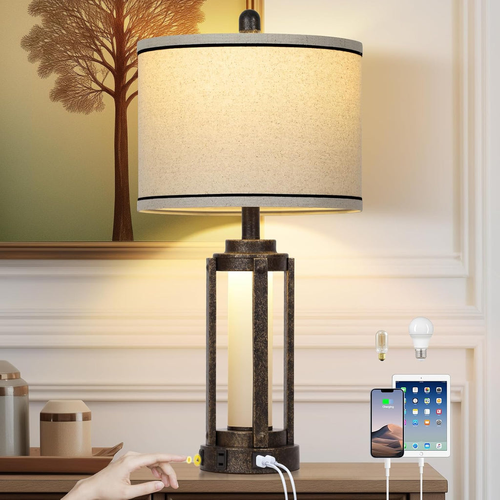 Farmhouse Industrial Lamp with USB A+C Charging Ports & AC Outlet, 26" Vintage Rustic Retro Table Lamp with Glass LED Night Light & Linen…