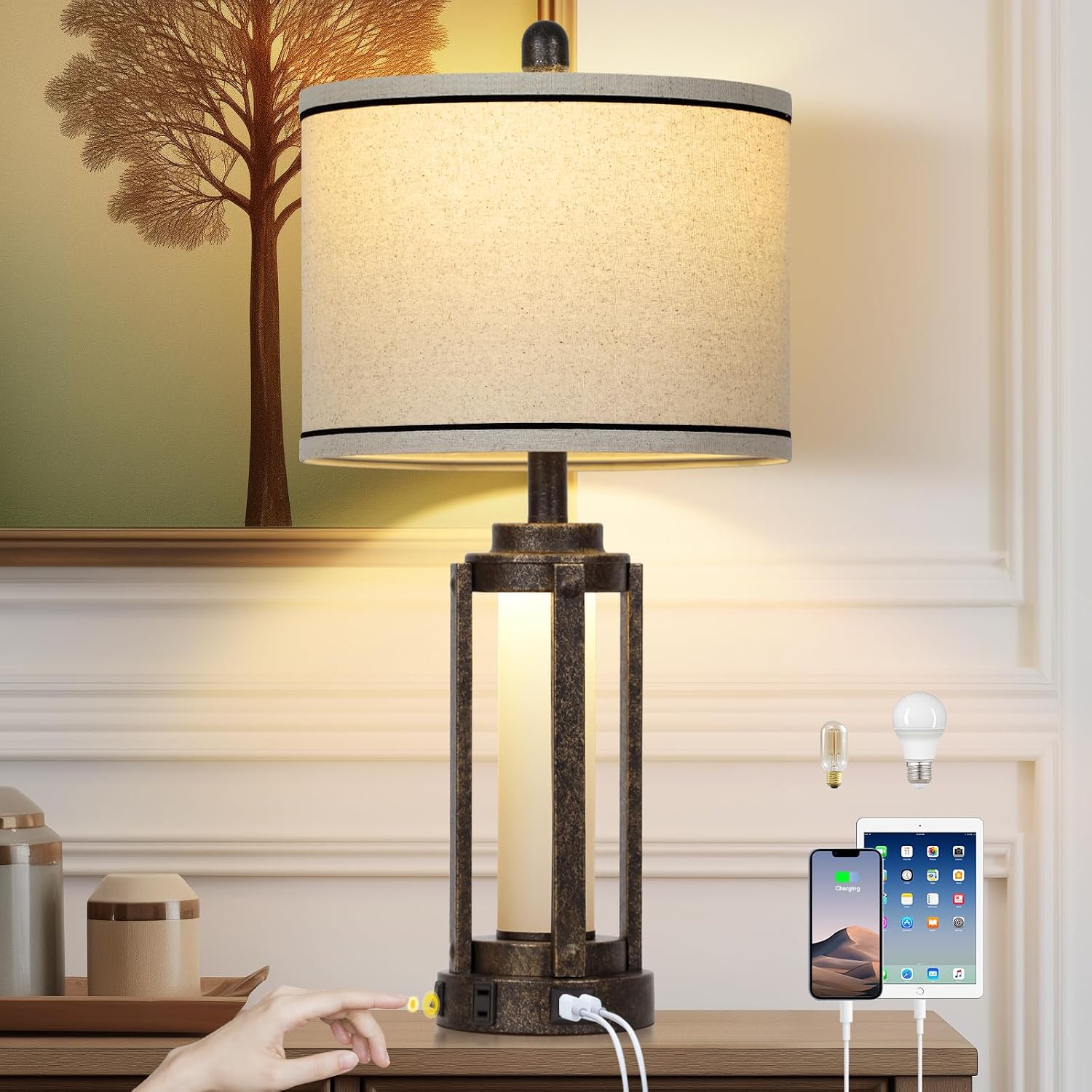 Farmhouse Industrial Lamp with USB A+C Charging Ports & AC Outlet, 26" Vintage Rustic Retro Table Lamp with Glass LED Night Light & Linen…