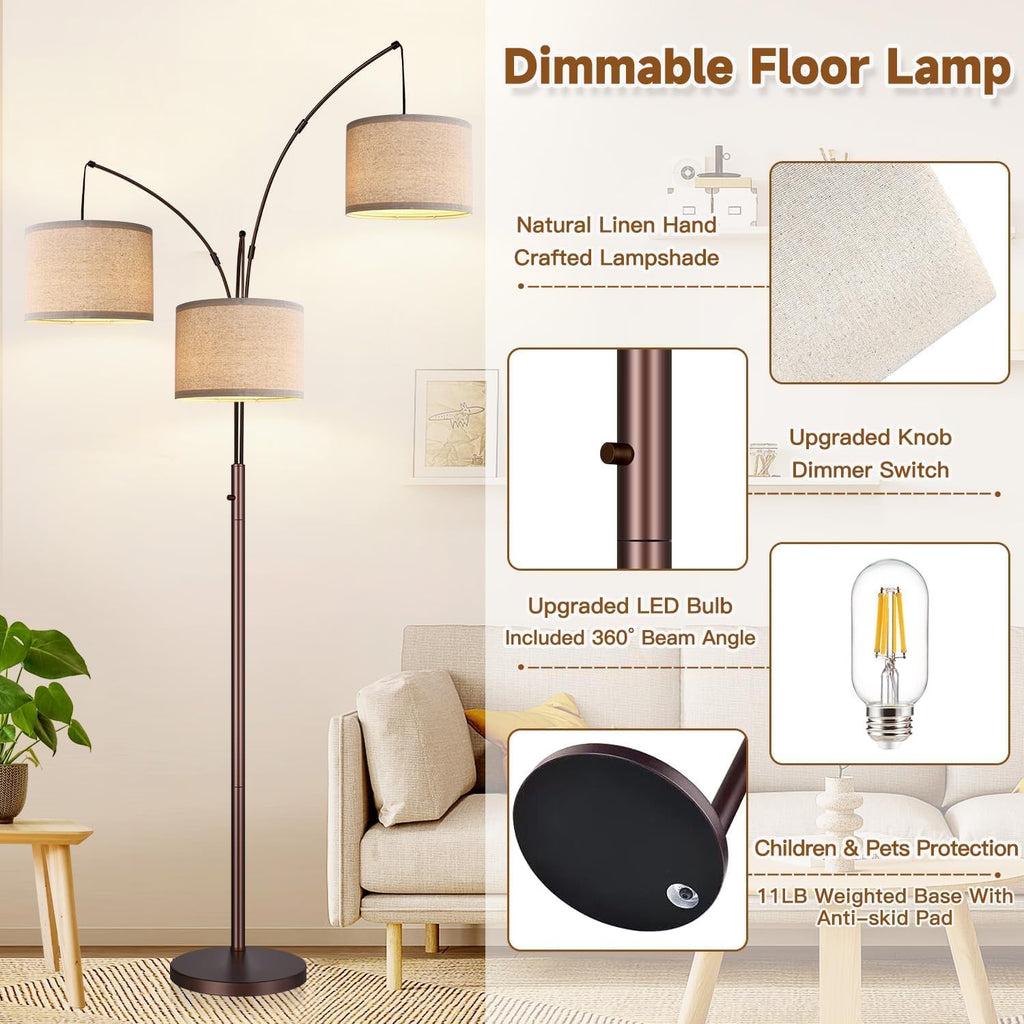 Dimmable Floor Lamp, 3 Lights Brown Arc Floor Lamp, Modern Tall Standing Tree Lamp with Beige Linen Shades & Heavy Base, 3000LM LED…