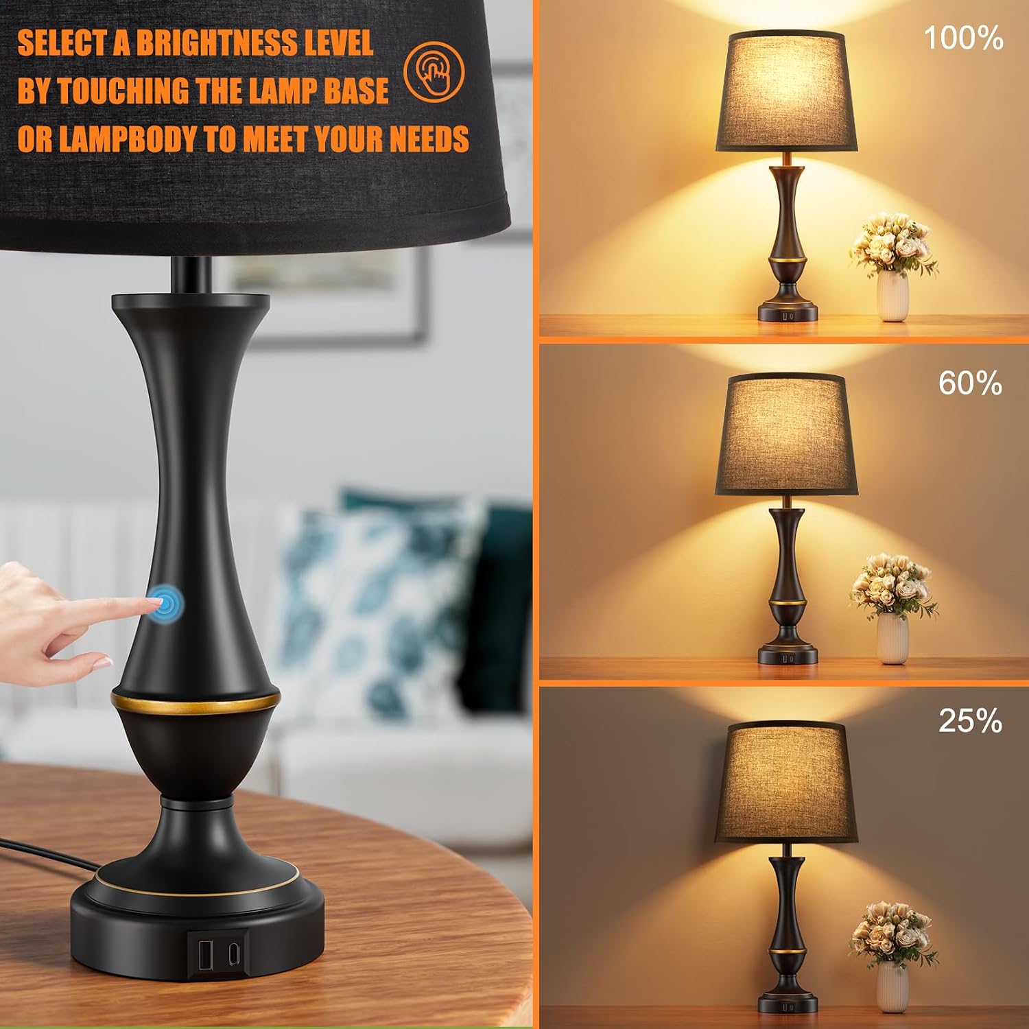 Seealle Upgraded Touch Lamps for Night Stands Set of 2 - Bedside Lamps with USB C+A, 3 Way Dimmable for Bedroom Living Room End Tables…