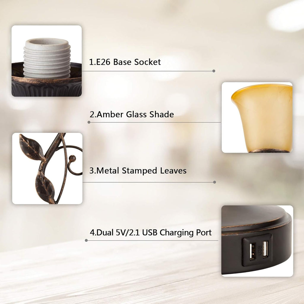 Touch Control Table Lamp with 2 USB Charging Ports, 3-Way Dimmable Bedside Nightstand Lamps, Amber Glass Shade Vintage Rural Leaf Lamp…