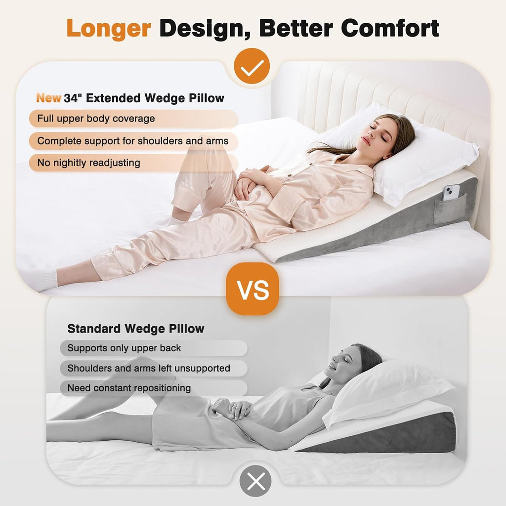 Vekkia 34" Extra-Long Wedge Pillow for Sleeping, Body Pillow for Back & Arm Support, Elevated Pillows for Back Sleeping, Ideal for Tall…