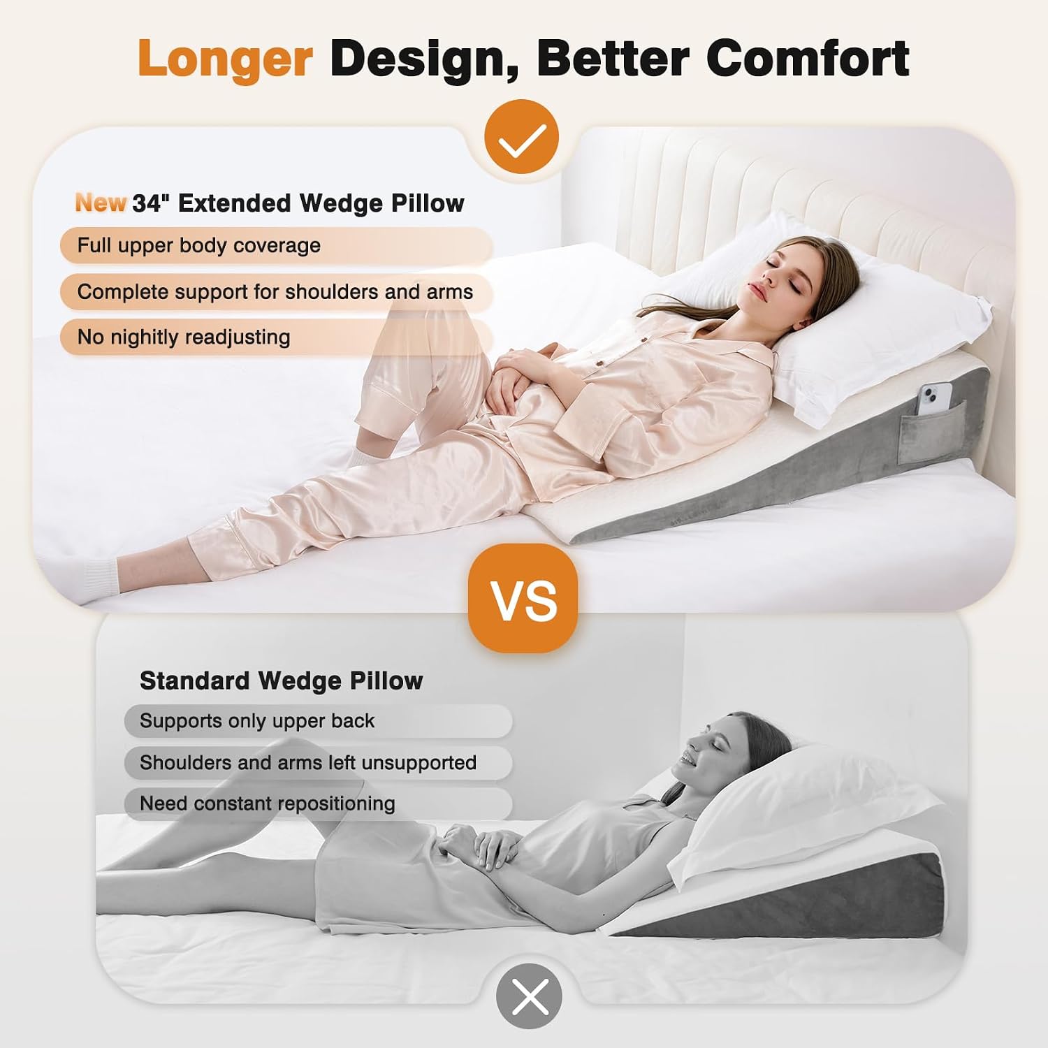 Vekkia 34" Extra-Long Wedge Pillow for Sleeping, Body Pillow for Back & Arm Support, Elevated Pillows for Back Sleeping, Ideal for Tall…