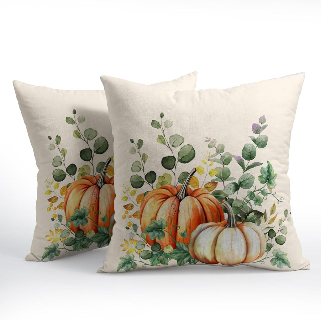 Fall Throw Pillow Cover 16x16 Inch Pack of 2 Autumn Watercolor Pumpkin Sage Green Leaf Outdoor Pillow Protector Thanksgiving Sofa Cotton…