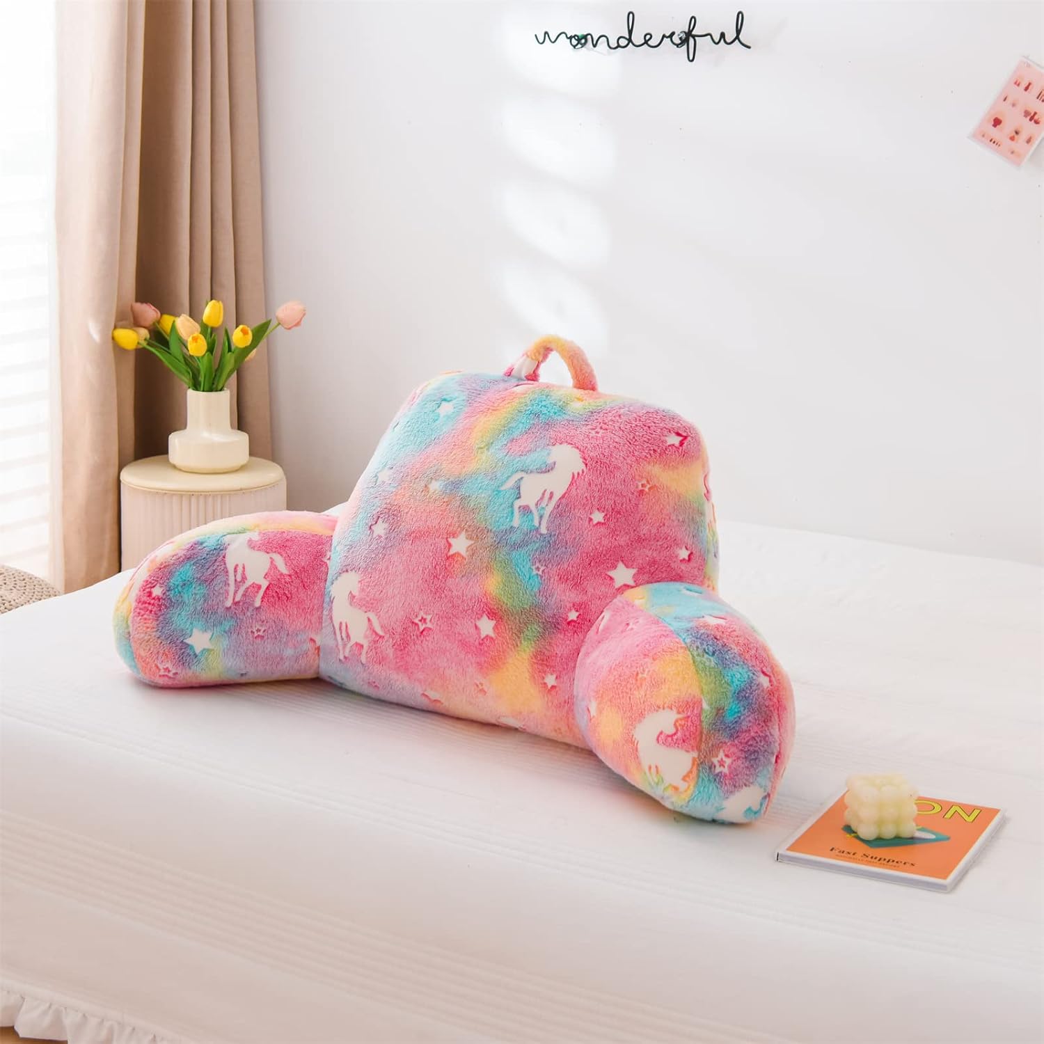 Aimuan Reading Pillow Glow in The Dark Bed Rest Wedge Kids Glow Backrest Pillow Unicorn Print with Arms Back Support for Sitting Up in…