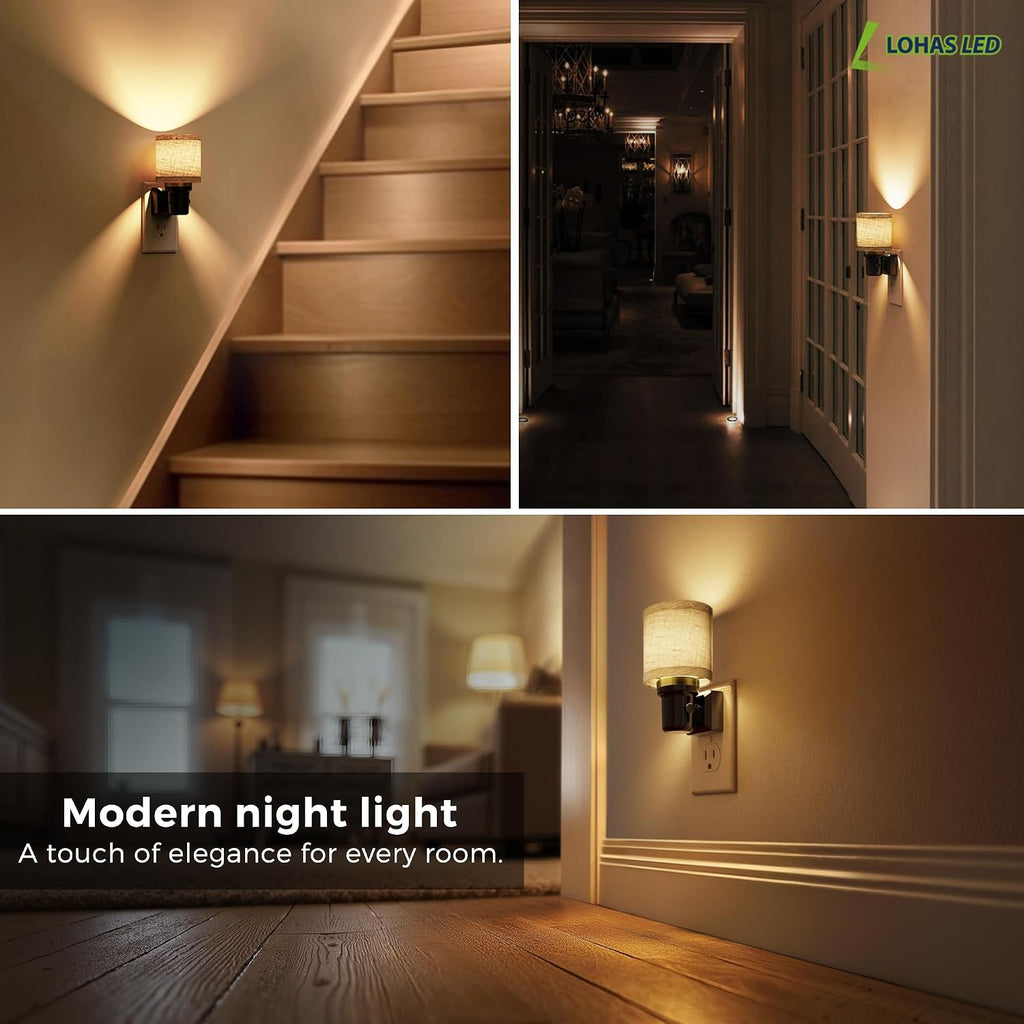 L LOHAS LED Night Lights Plug into Wall, 2 Pack Linen Fabric Cylinder Decor Night Light, Dusk to Dawn Sensor Vintage Nightlight, 0-100LM…
