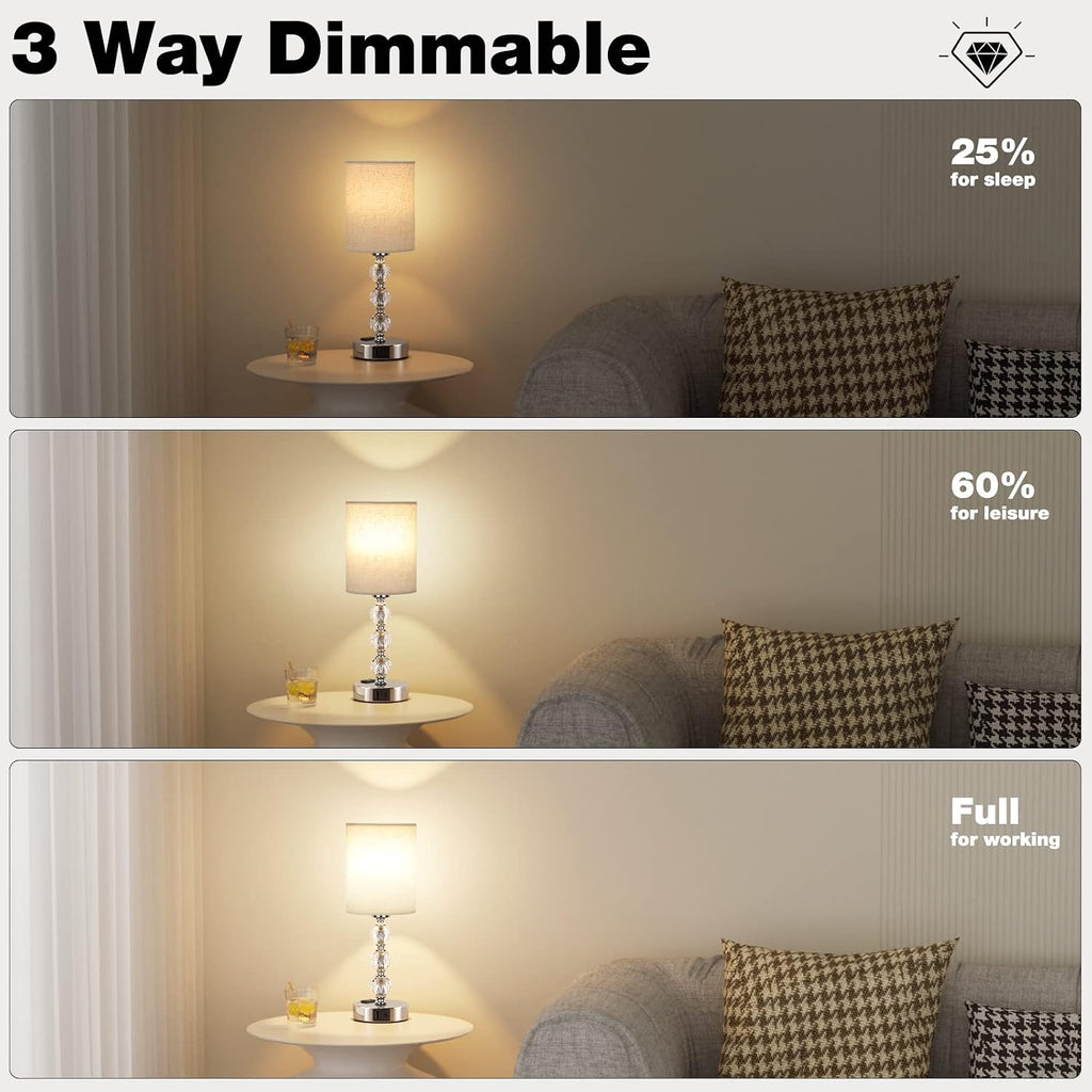 White Touch Bedside Lamps for Bedrooms - Crystal Table Lamp with USB C+A Charging Port and AC Outlet Nightstand, 3 Way Dimmable Silver…