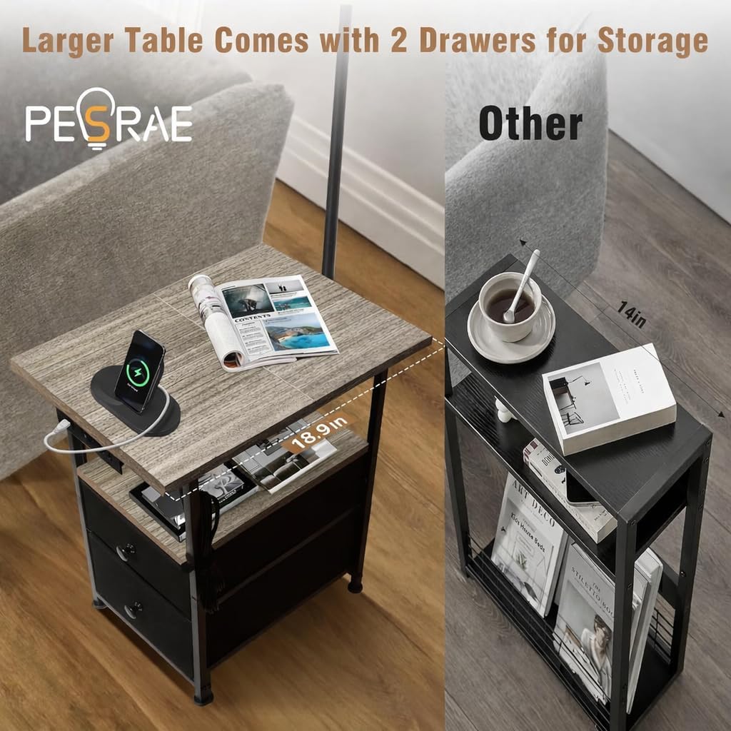 PESRAE Floor Lamp with Table & 2 Drawers, End Table with 3 Color Temperature Reading Light, Side Table Lamp with USB & Type C & AC…
