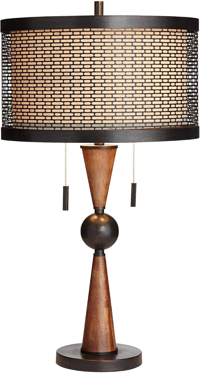 Franklin Iron Works Hunter Rustic Farmhouse 3-Way Table Lamp with Table Top Dimmer 29.75" Tall Bronze Cherry Wood Finish Double Drum…