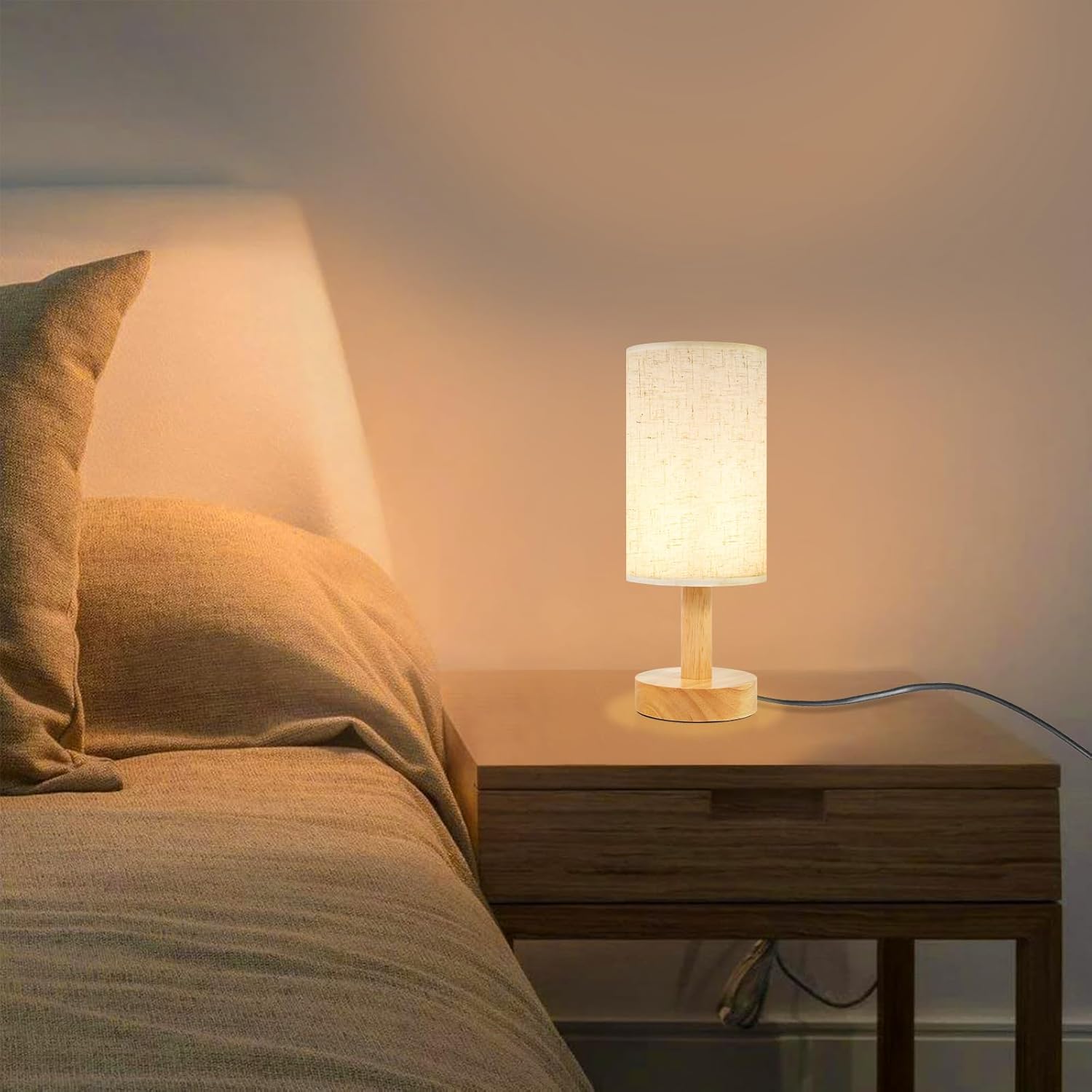 Small Bedside Table Lamp for Bedroom, Natural Round Wood Base&Fabric Linen Shade, Cozy Night Table Light for Study Reading, Minimalist Boho…