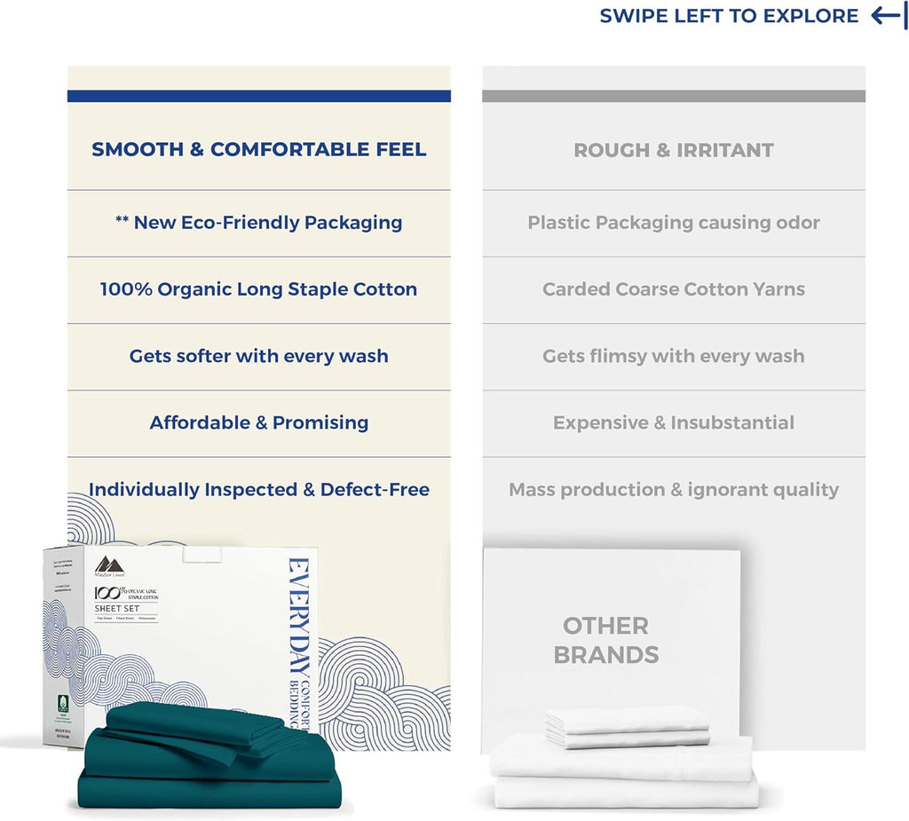 Mayfair Linen 100% Organic Cotton Sheets California King Size - 4 PC Organic Cotton Cal King Size Percale Weave Sheet Set, Soft, Cooling…