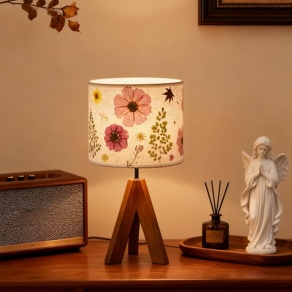 Dried Flowers Tripod Table Lamp 14.96in, 9W LED Dimmable Cute Bedside Lamp with Flowers Linen Lampshade for Nursery, Bedroom, Kid Room…
