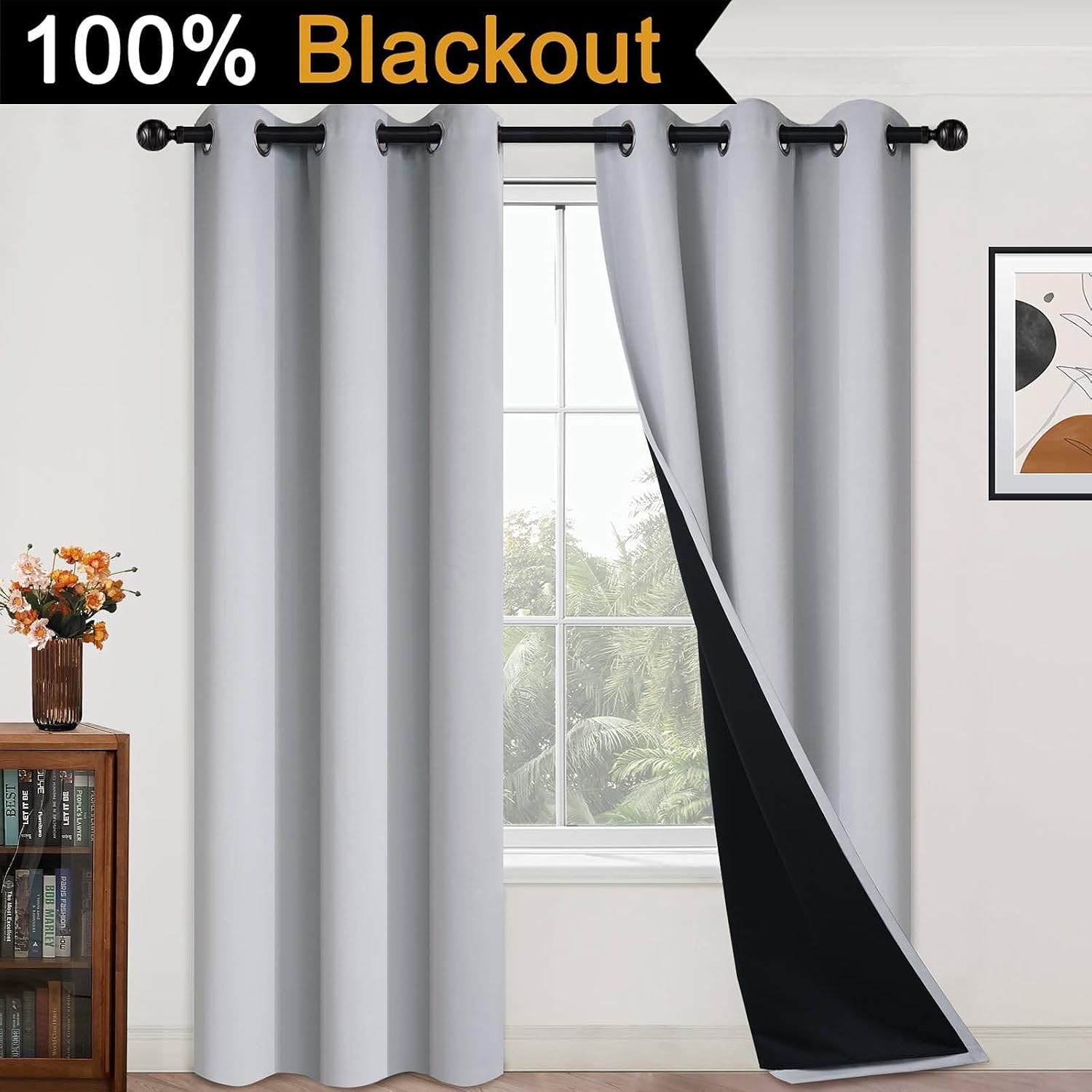 Yakamok 100% Blackout Curtains for Bedroom 84 Inch Length, 2 Thick Layers Thermal Insulated Grommet Total Blackout Drapes with Black Liner…