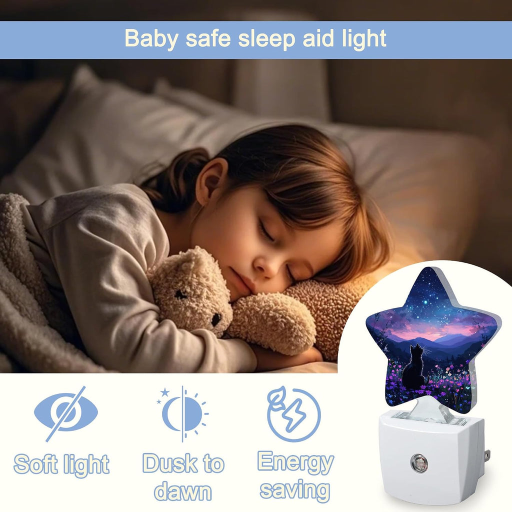 Snowmolle Cat Flowers Night Light, Mountain Starry Sky Plug-in Star Night Lights with Dusk-to-Dawn Sensor for Bedroom, Bathroom, Living Room S…