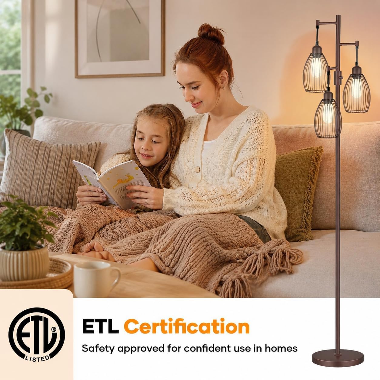 Nintiue Dimmable Floor Lamp,3x800LM LED Bulbs Included, Farmhouse Industrial Floor Lamp Standing Tree Lamp with Teardrop Cage Head Tall…