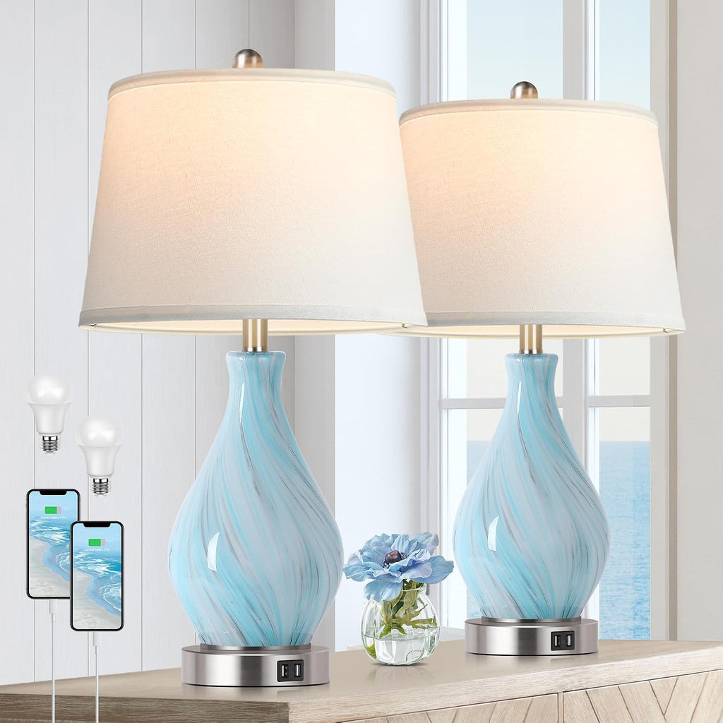 Modern Accent Table Lamp Set of 2 Touch Control, 22" Faded Swirl Blue Gray Art Glass Bedside Lamp with USB Ports, 3-Way Dimmable Hand…