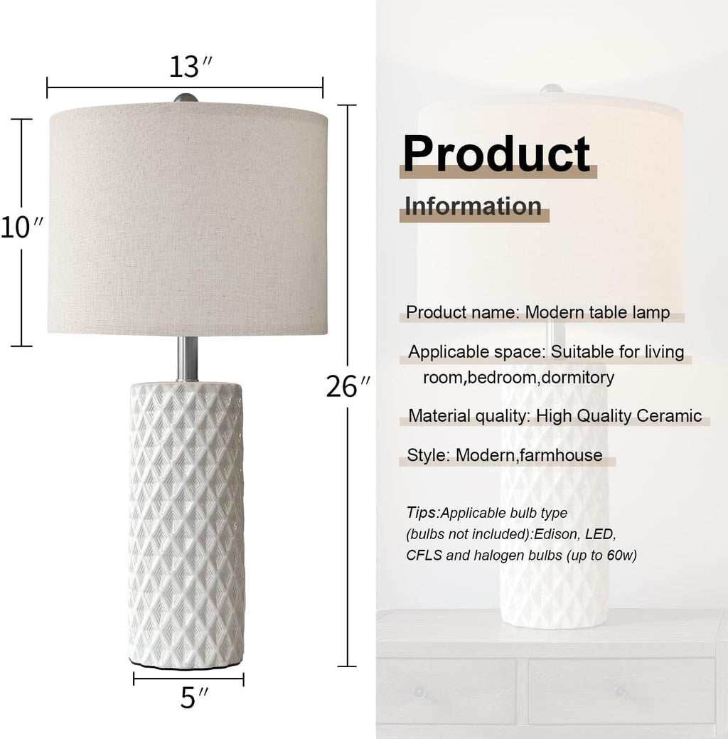 USumkky 26" Tall Table Lamp for Living Room -Vintage White Lamps Set of 2 Modern Ceramic Lamps for Night Stands, Bedside Lamp for End…