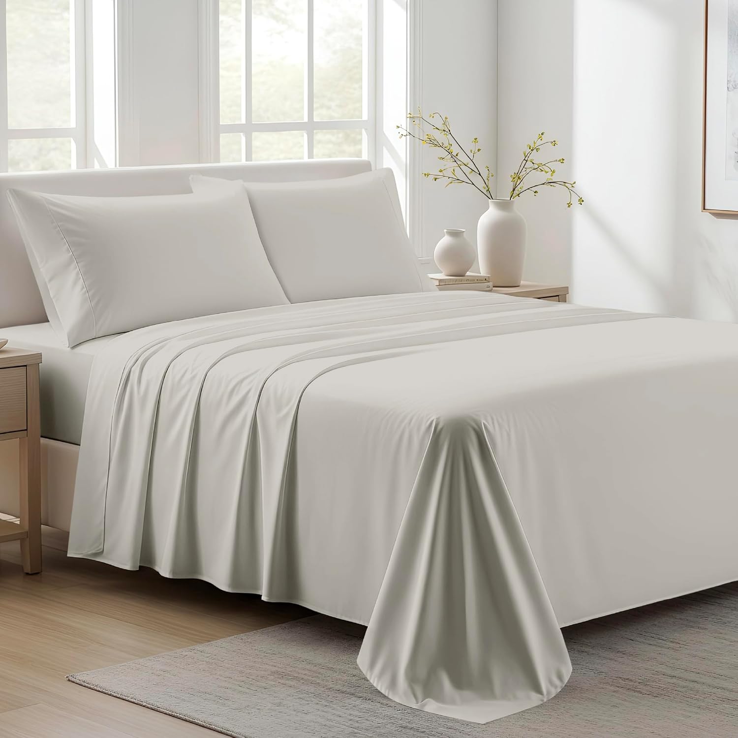 AshtonSheets 100% Organic Cotton Sheets California King Size - Organic Cotton Cal King Size Percale Weave Sheet Set (4 PC, Light Grey), Sof…
