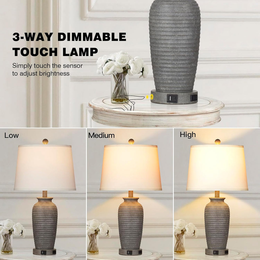 CINSARY 25" Farmhouse Jar Table Lamps Set of 2, 3 Way Touch Control Rustic Bedside Lamps with USB A+C Ports & AC Outlet, Pot Nightstand…