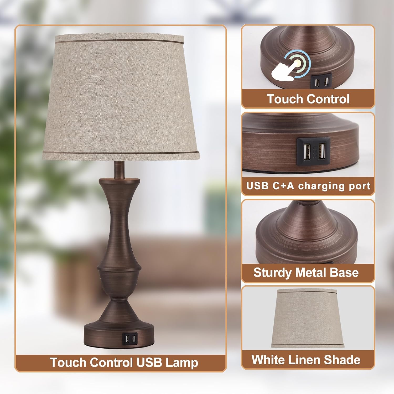 Luvkczc Touch Table Lamps Set of 2, 22" Tall Bedside Lamps with USB C+A Ports, Dimmable Table Lamp, Nightstand Lamps for Bedroom, Living…