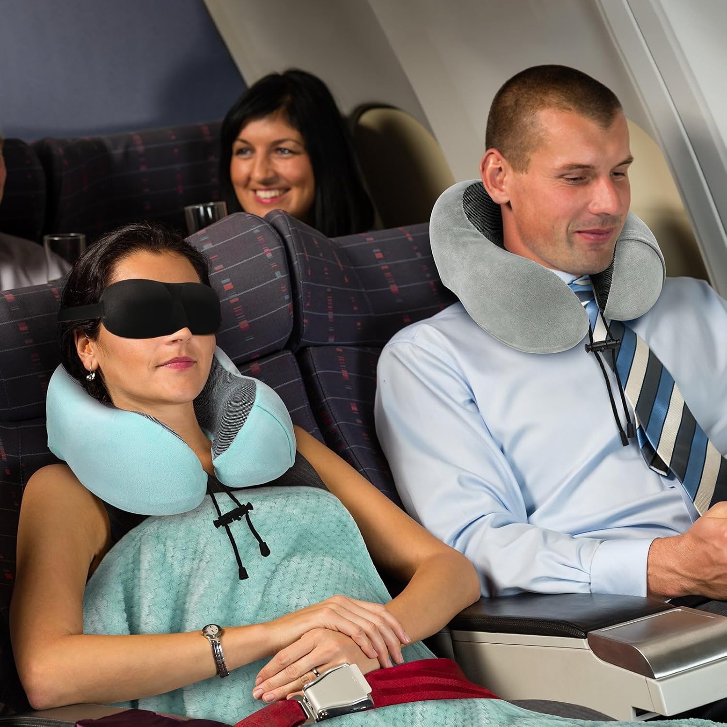 urnexttour Travel Pillow and Blanket Set Neck Pillows Soft Blankets with Sleep Mask Travel Essentials for Airplane Car Memory Foam Blue…