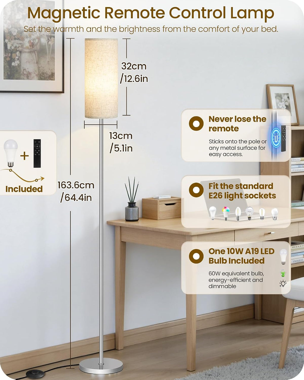 Dimmable Floor Lamps for Living Room with Remote and Foot Switch, 64.4” Modern Standing Tall Lamp, Corner Lamp for Bedroom, Office, Bulb…